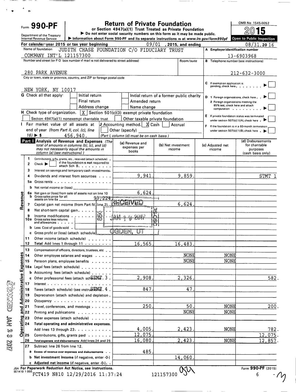Image of first page of 2015 Form 990PF for Judith Chase Foundation Fiduciary Trust