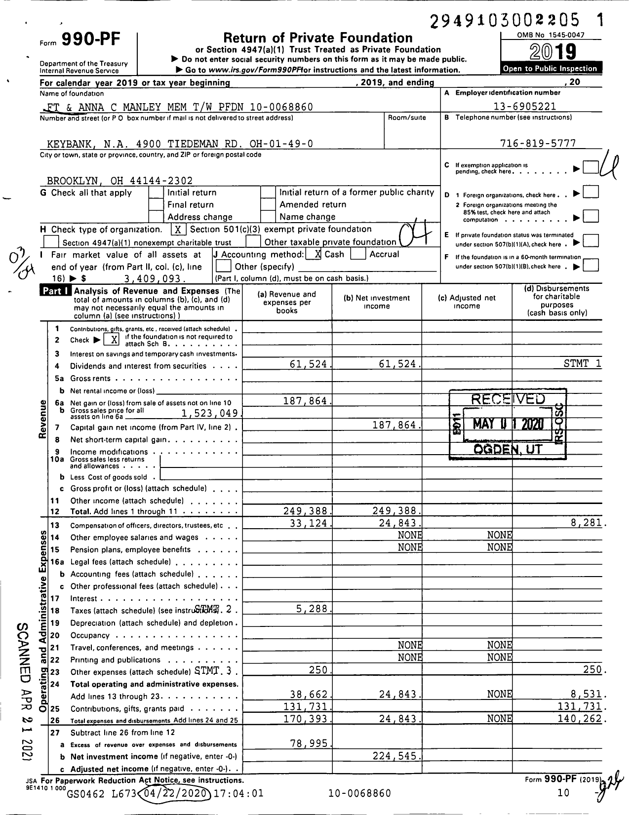 Image of first page of 2019 Form 990PF for FT and Anna C Manley Mem TW PFDN