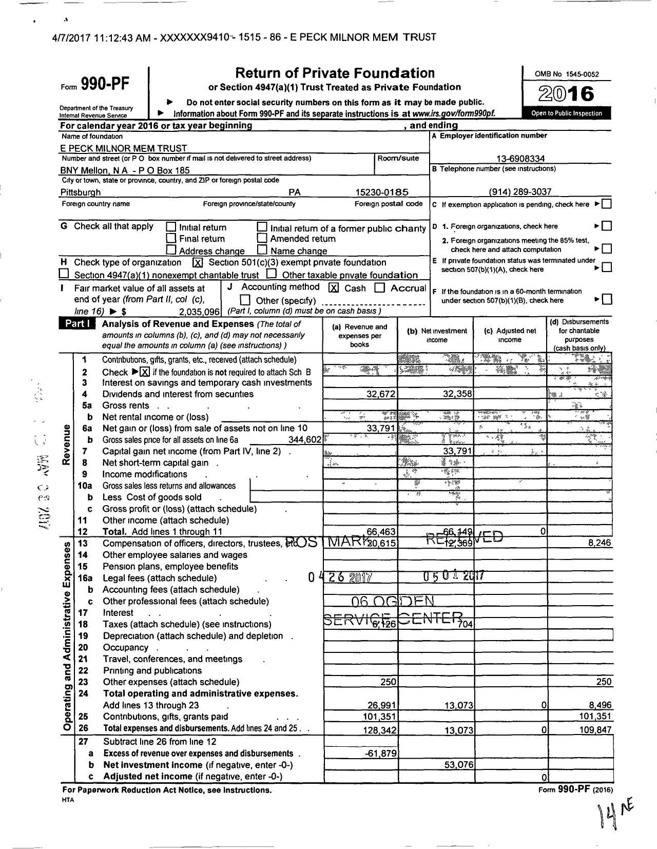 Image of first page of 2016 Form 990PF for E Peck Milnor Mem Trust