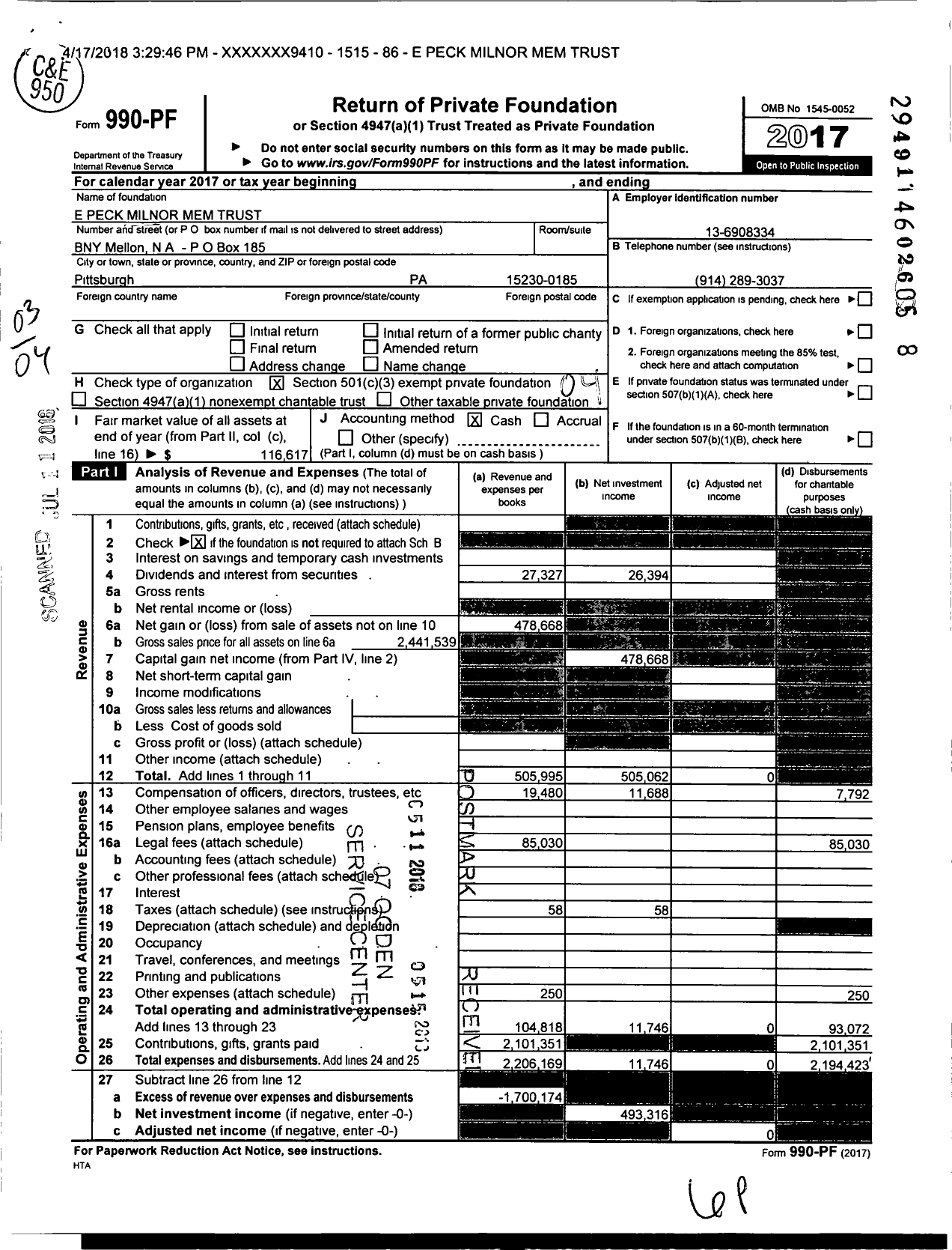 Image of first page of 2017 Form 990PF for E Peck Milnor Mem Trust