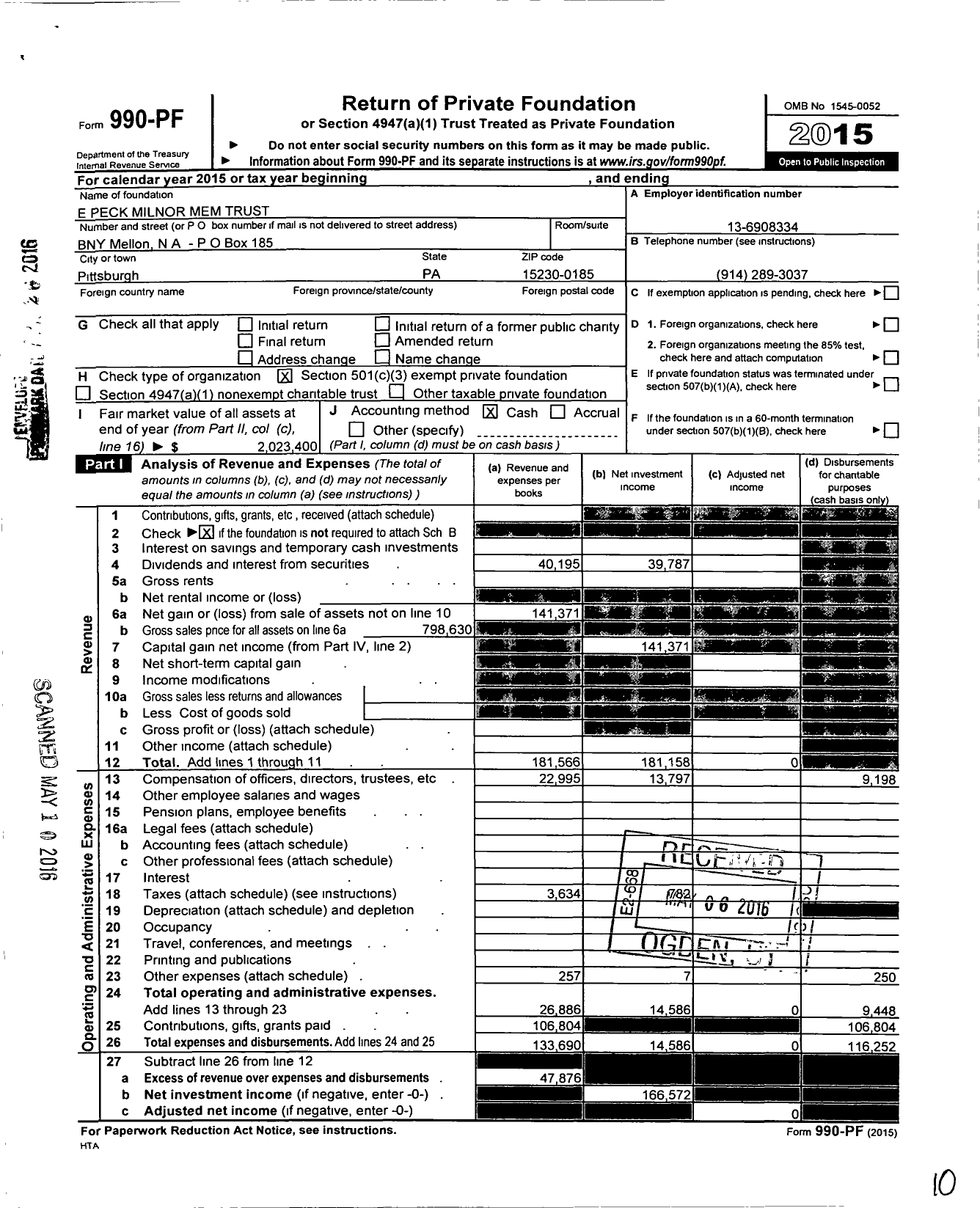 Image of first page of 2015 Form 990PF for E Peck Milnor Mem Trust