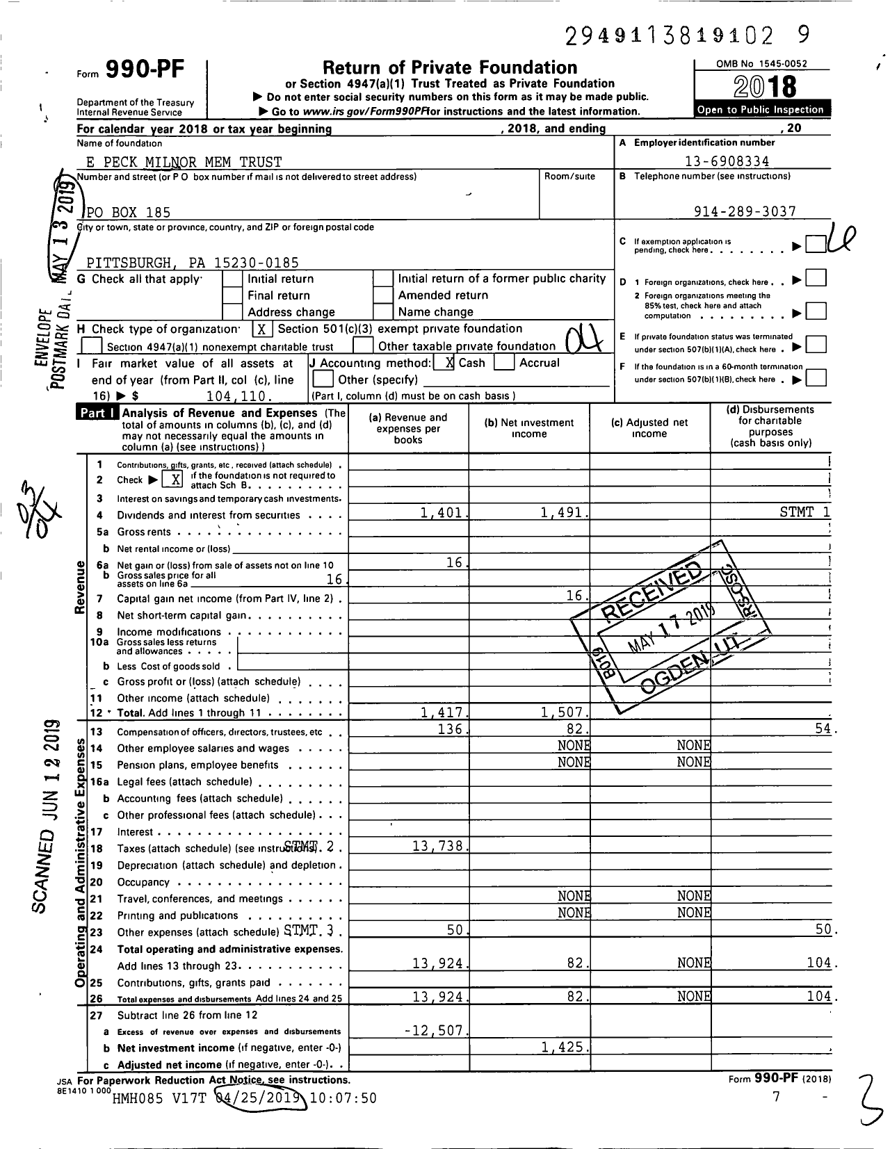 Image of first page of 2018 Form 990PF for E Peck Milnor Mem Trust