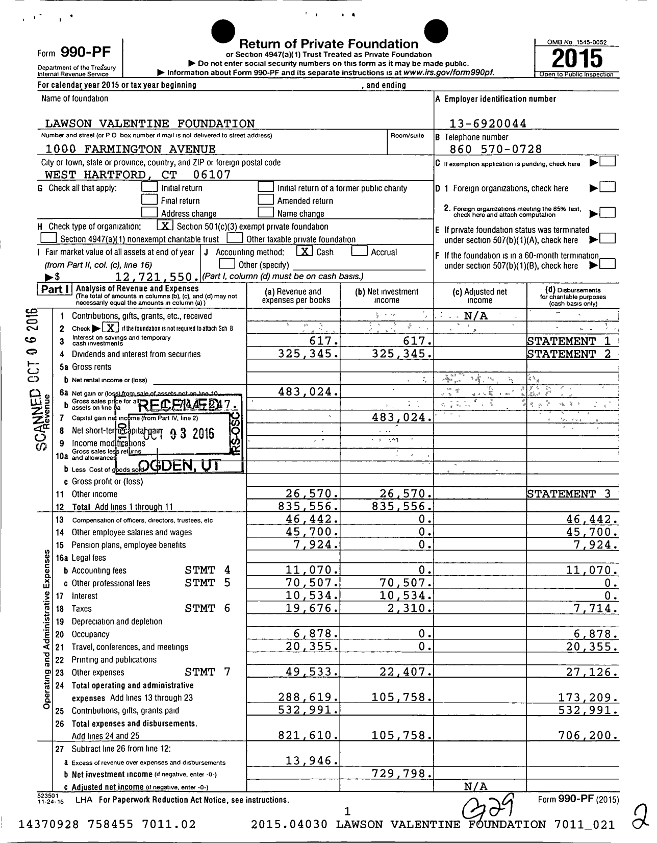 Image of first page of 2015 Form 990PF for Lawson Valentine Foundation