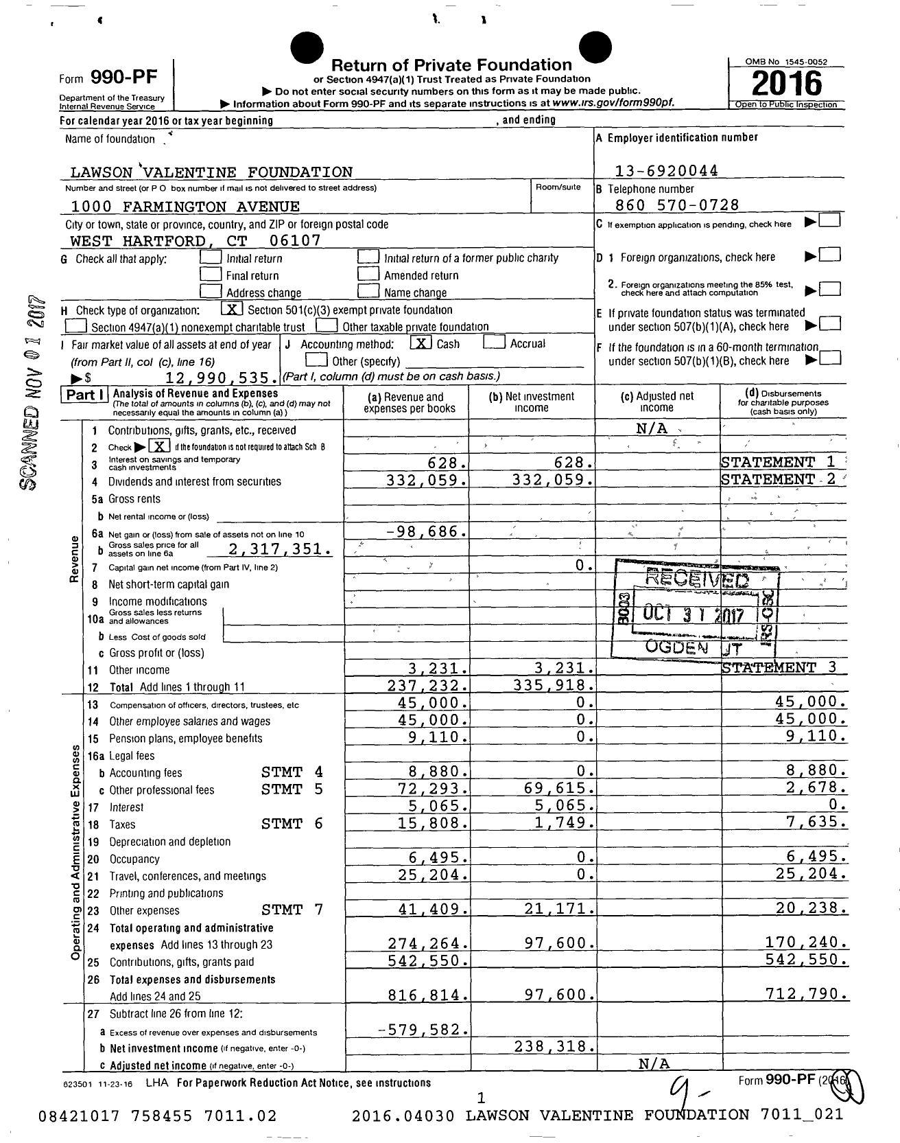 Image of first page of 2016 Form 990PF for Lawson Valentine Foundation