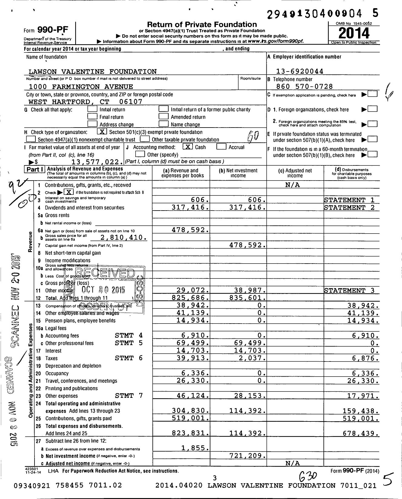 Image of first page of 2014 Form 990PF for Lawson Valentine Foundation