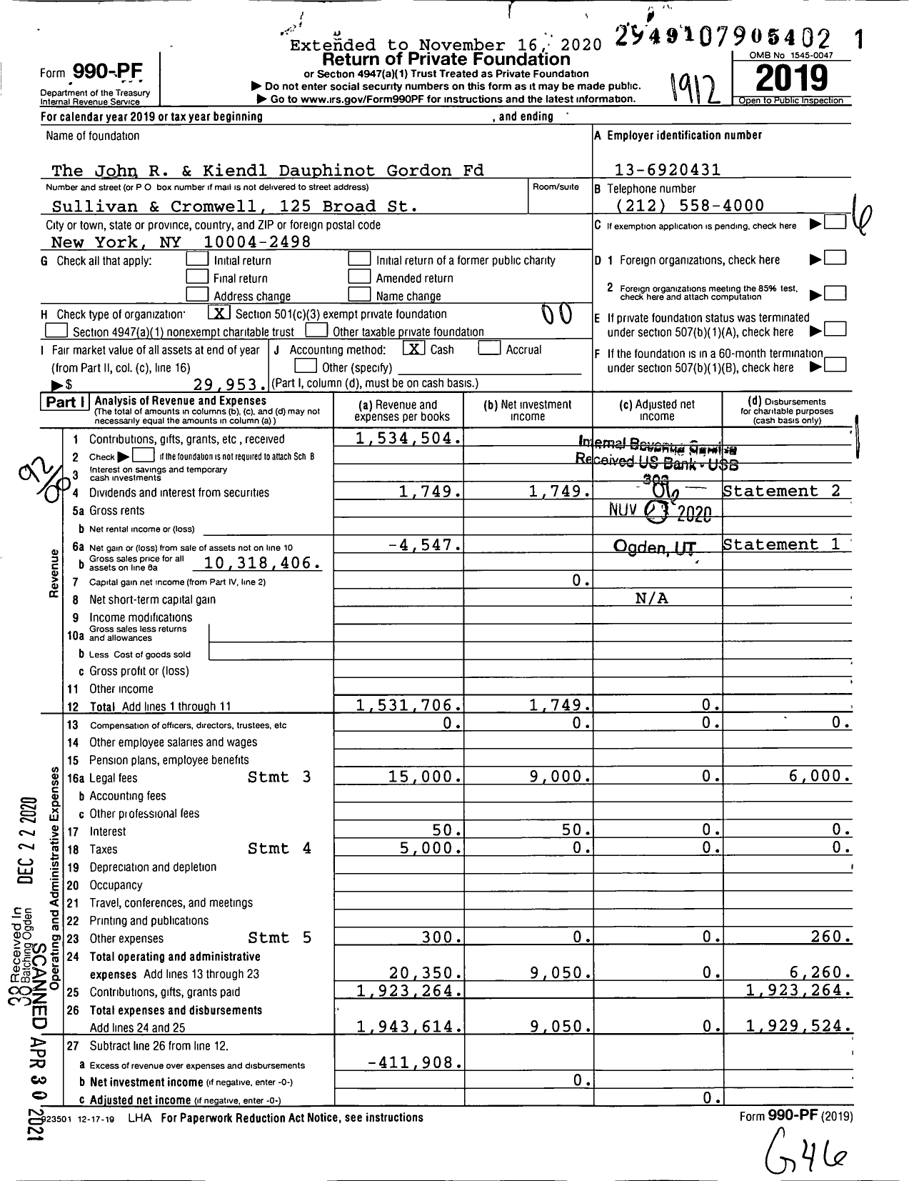 Image of first page of 2019 Form 990PF for The John R & Kiendl Dauphinot Gordon Fd