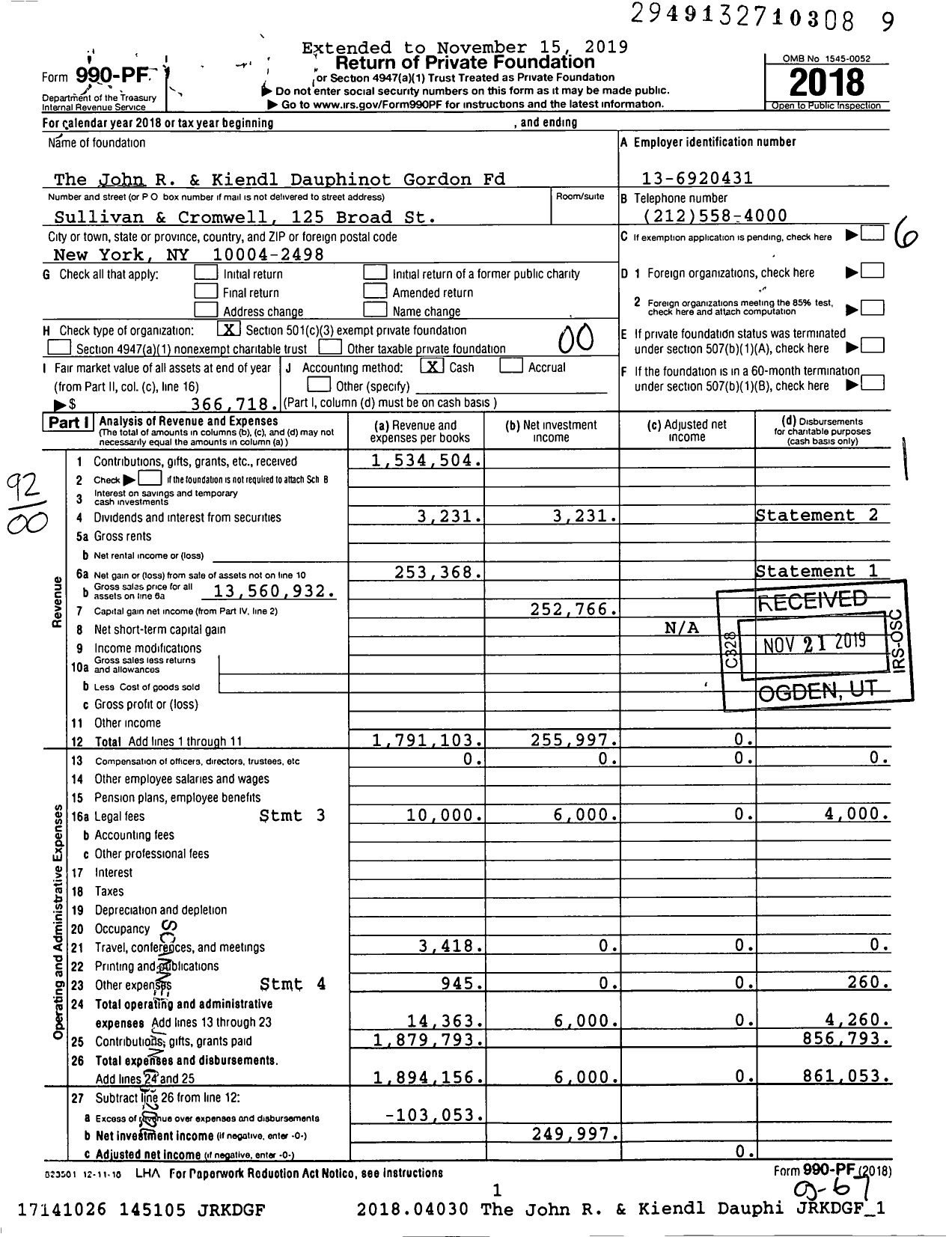 Image of first page of 2018 Form 990PF for The John R & Kiendl Dauphinot Gordon Fd