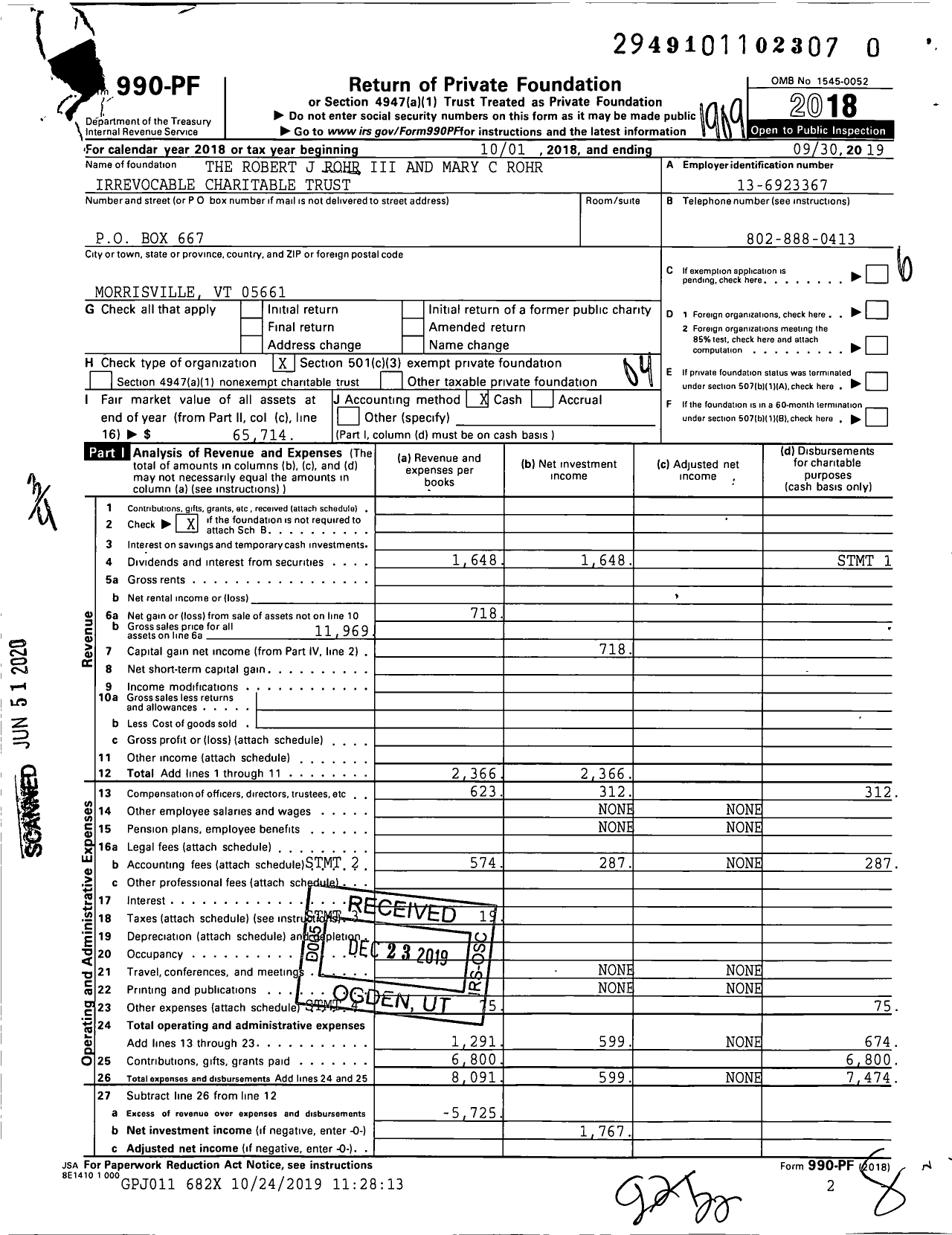 Image of first page of 2018 Form 990PR for The Robert J Rohr Iii and Mary C Rohr