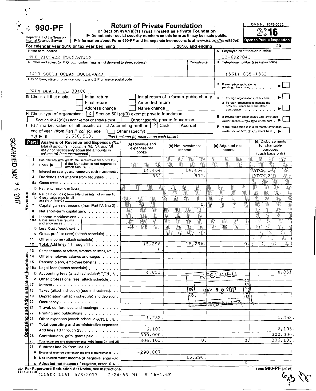 Image of first page of 2016 Form 990PF for The Picower Foundation