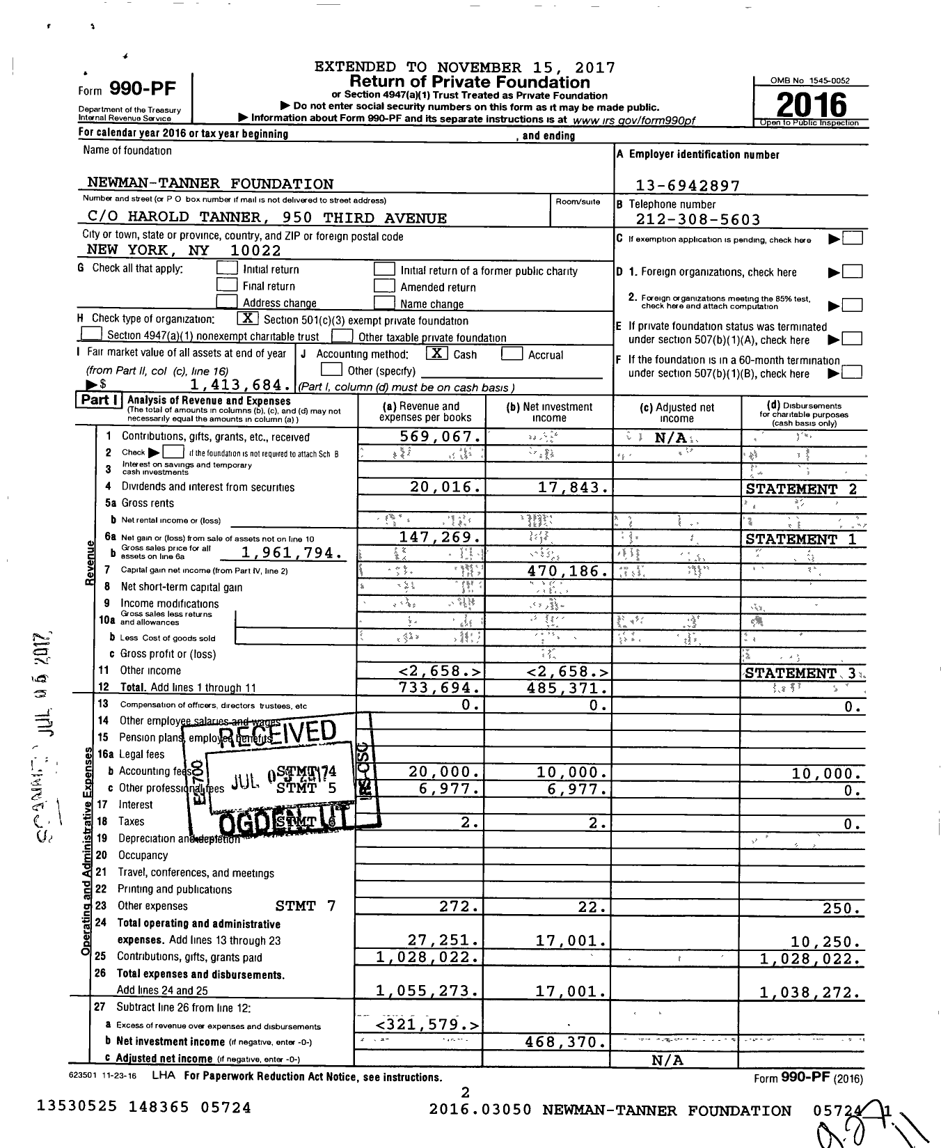 Image of first page of 2016 Form 990PF for Newman-Tanner Foundation