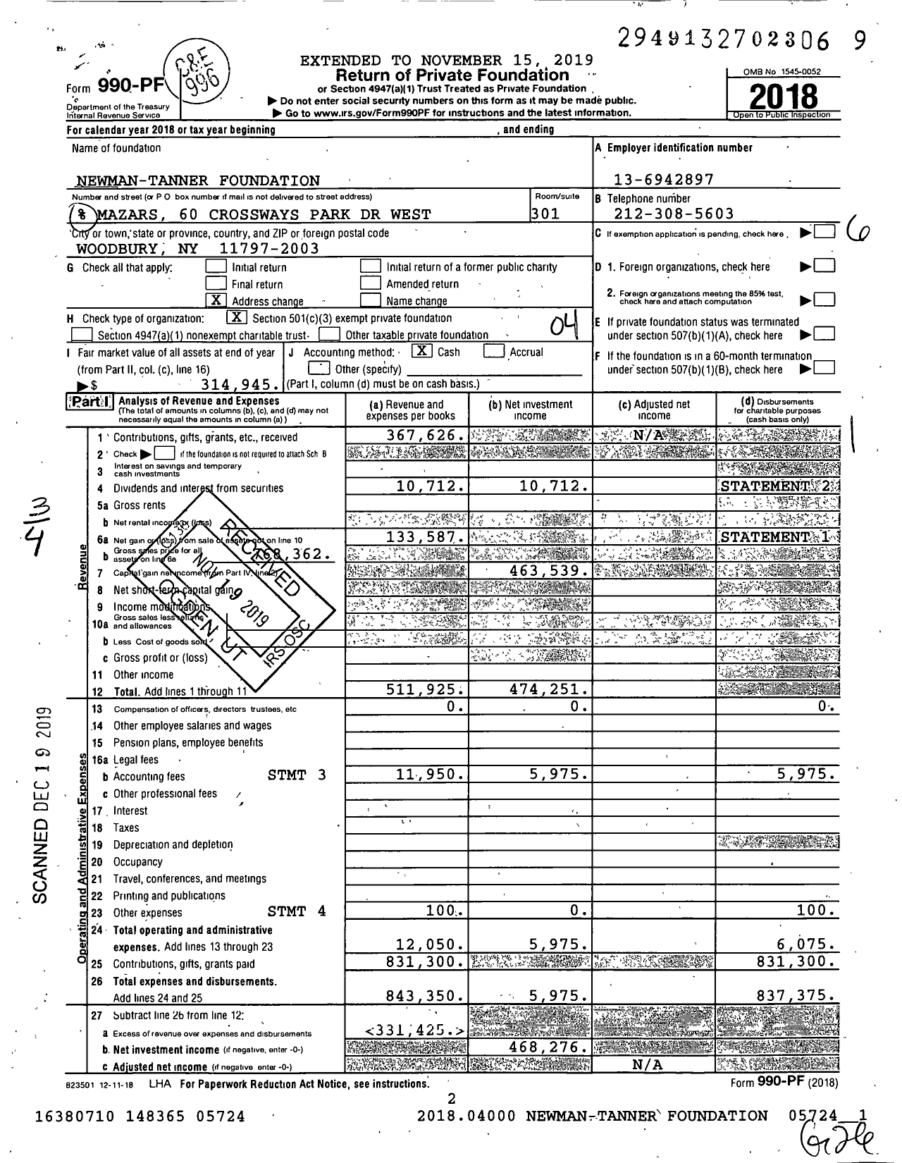 Image of first page of 2018 Form 990PF for Newman-Tanner Foundation