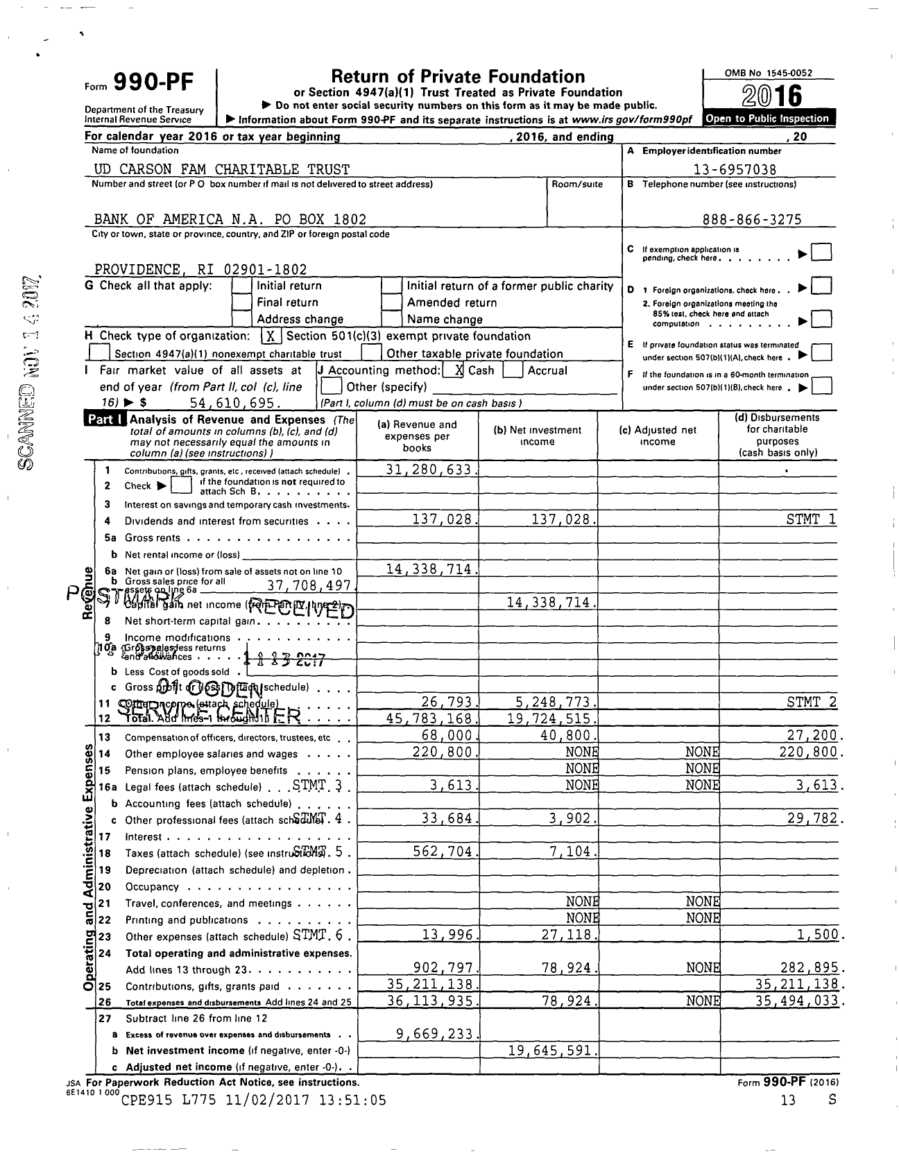 Image of first page of 2016 Form 990PF for Carson Family Charitable Trust