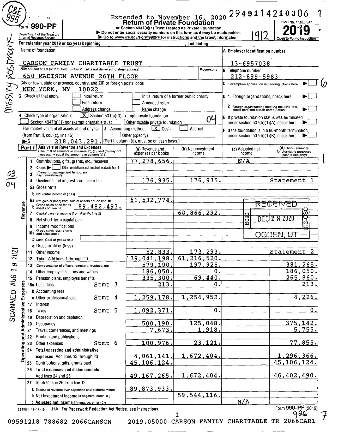 Image of first page of 2019 Form 990PF for Carson Family Charitable Trust