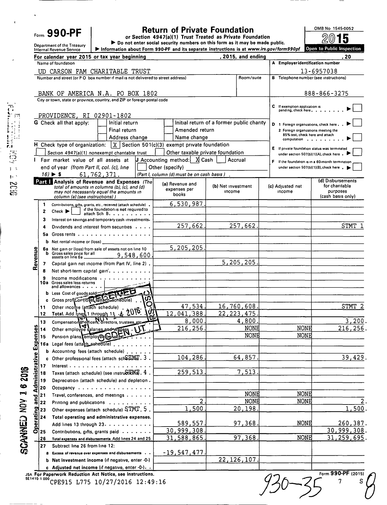 Image of first page of 2015 Form 990PF for Carson Family Charitable Trust