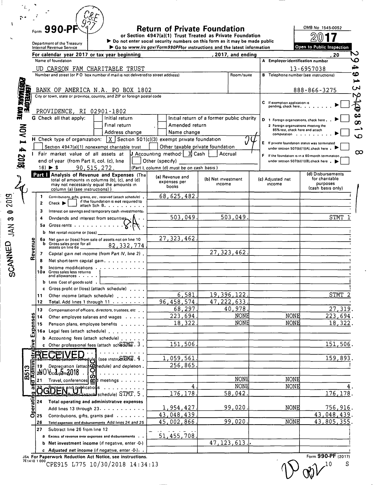 Image of first page of 2017 Form 990PF for Carson Family Charitable Trust