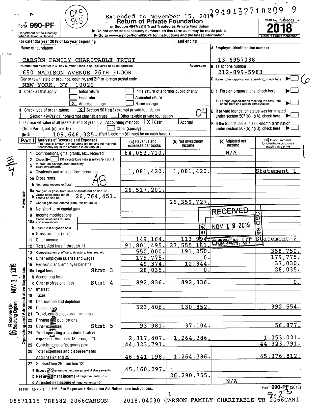 Image of first page of 2018 Form 990PF for Carson Family Charitable Trust