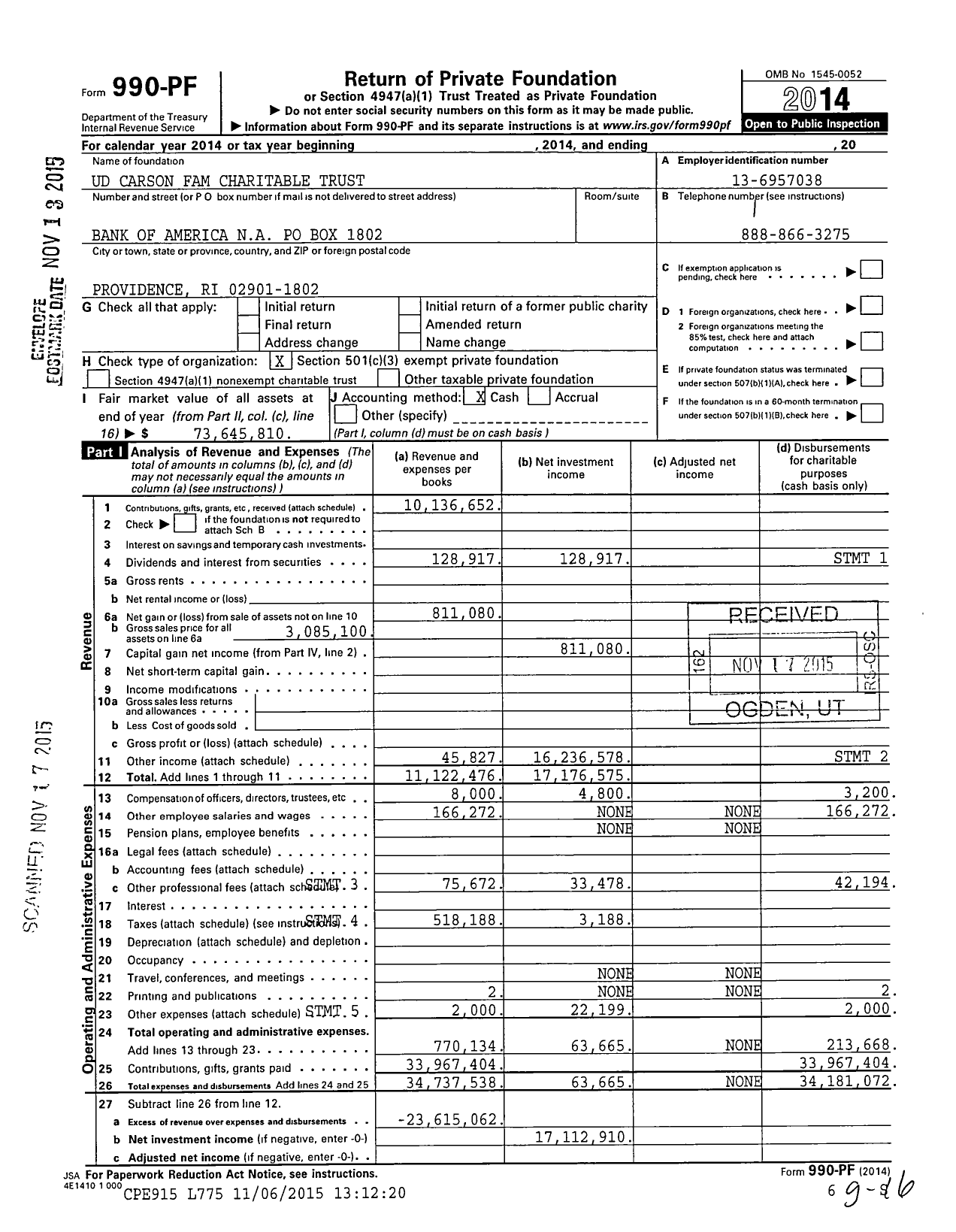 Image of first page of 2014 Form 990PF for Carson Family Charitable Trust