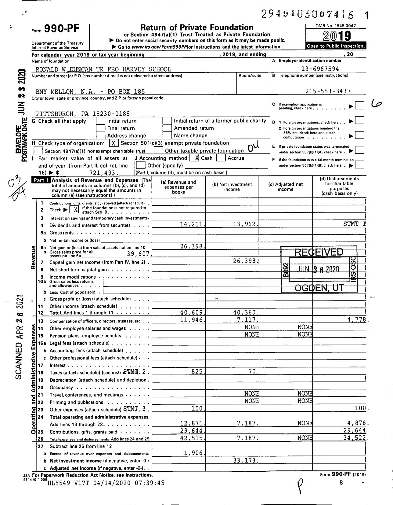 Image of first page of 2019 Form 990PF for Ronald W Duncan TR Fbo Harvey School