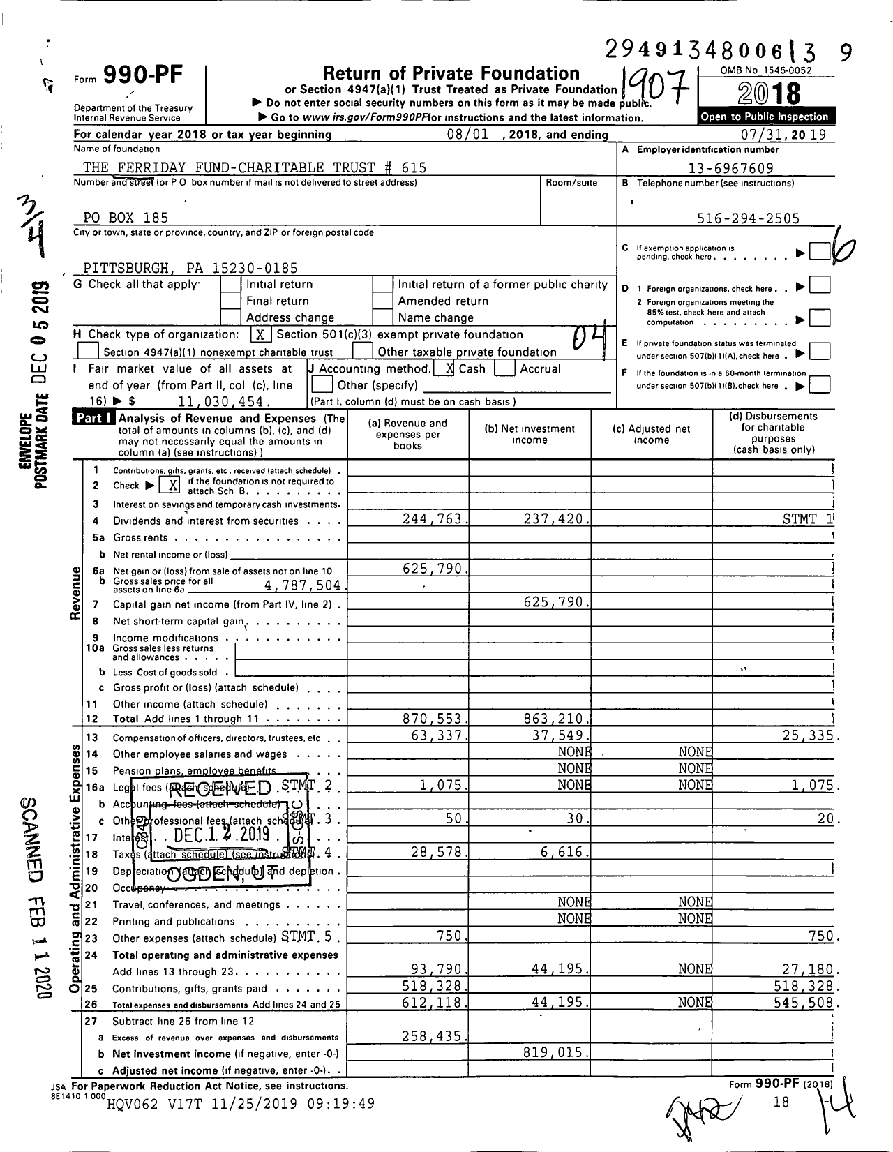 Image of first page of 2018 Form 990PF for The Ferriday Fund-Charitable Trust # 615