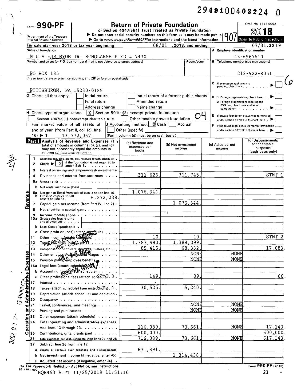 Image of first page of 2018 Form 990PR for Mus-Jr Hyde JR Scholarship FD # 7430