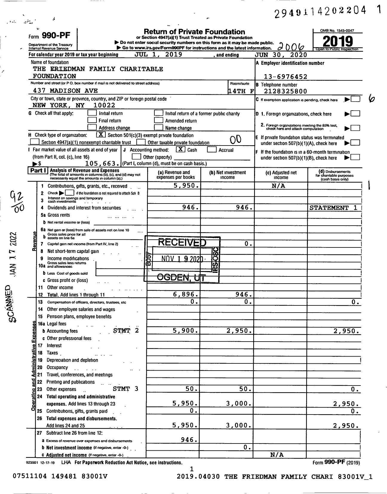 Image of first page of 2019 Form 990PF for The Friedman Family Charitable Foundation