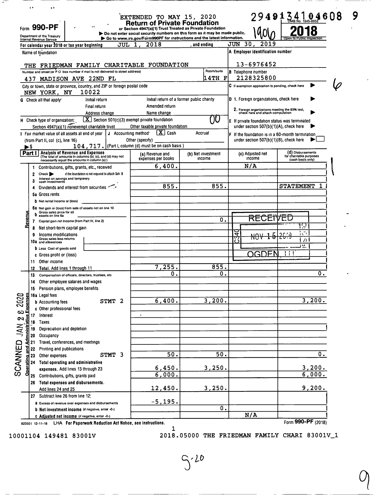 Image of first page of 2018 Form 990PF for The Friedman Family Charitable Foundation