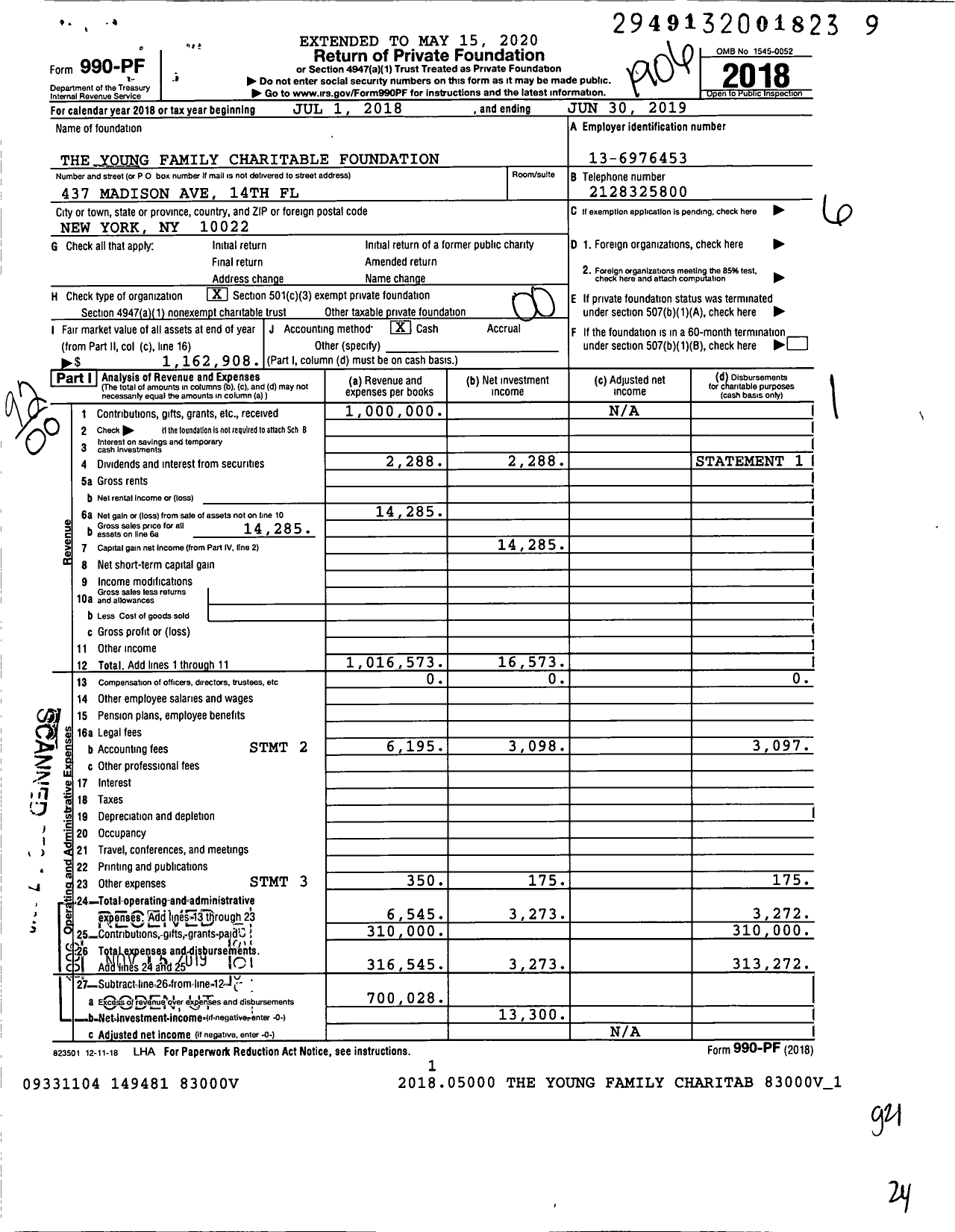 Image of first page of 2018 Form 990PF for The Young Family Charitable Foundation