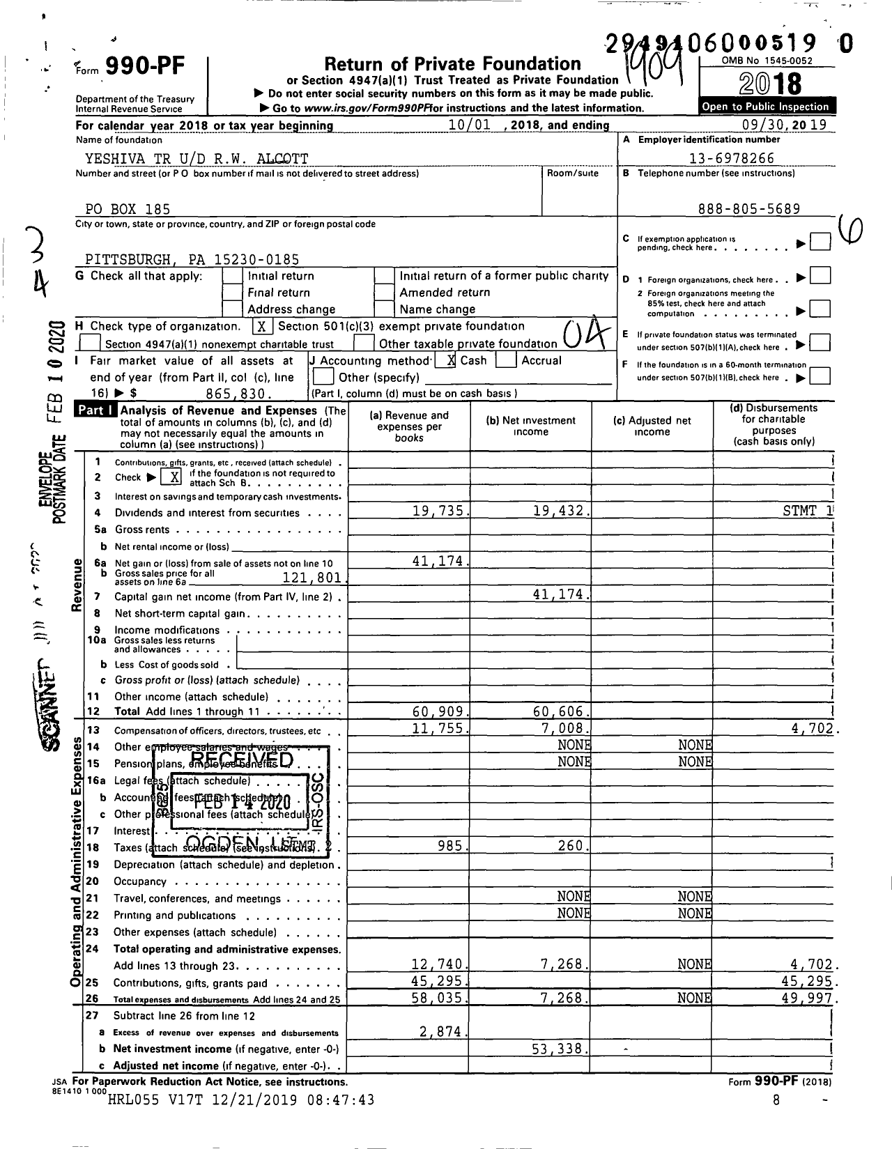 Image of first page of 2018 Form 990PR for Yeshiva TR Ud RW Alcott