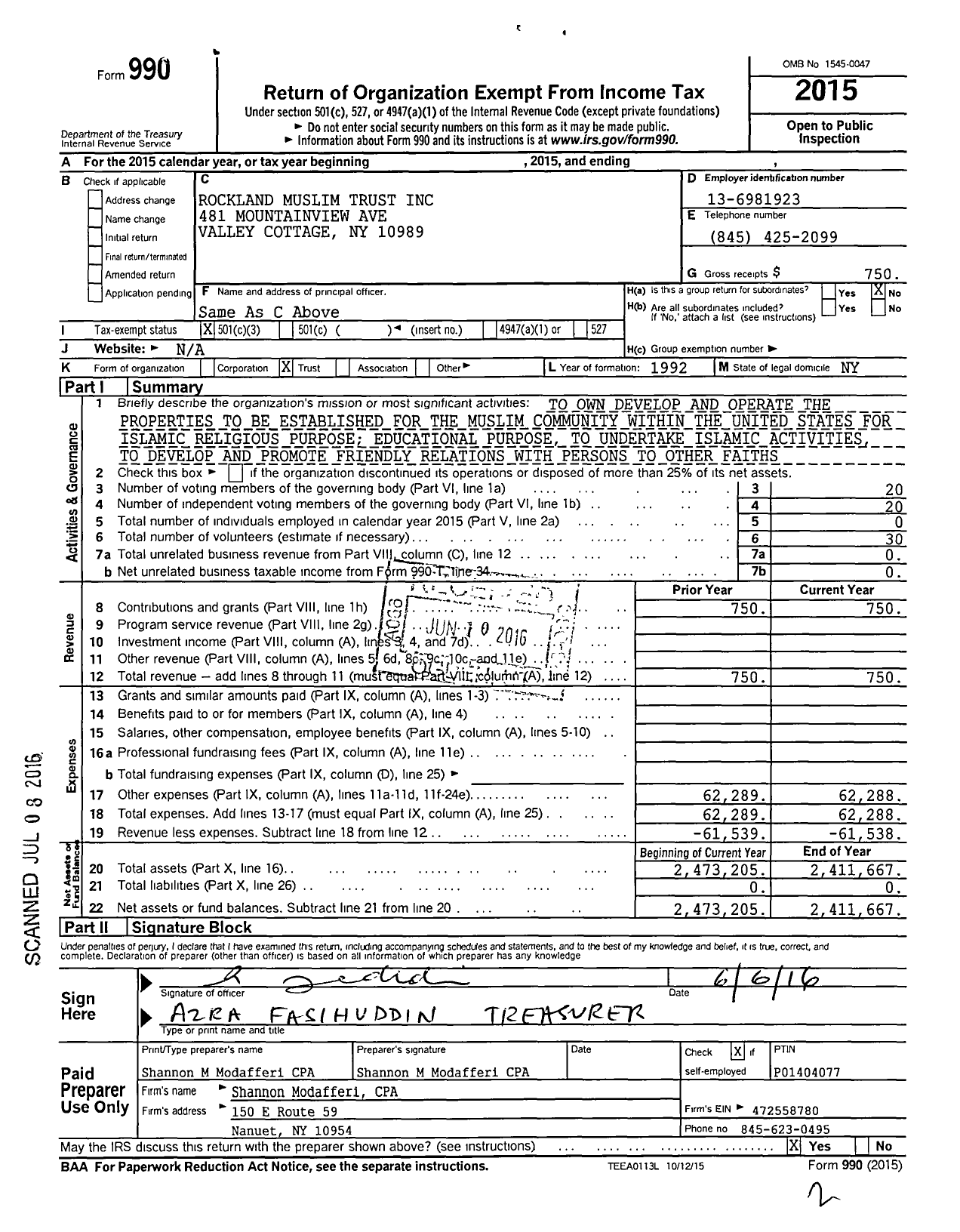 Image of first page of 2015 Form 990 for Rockland Muslim Trust