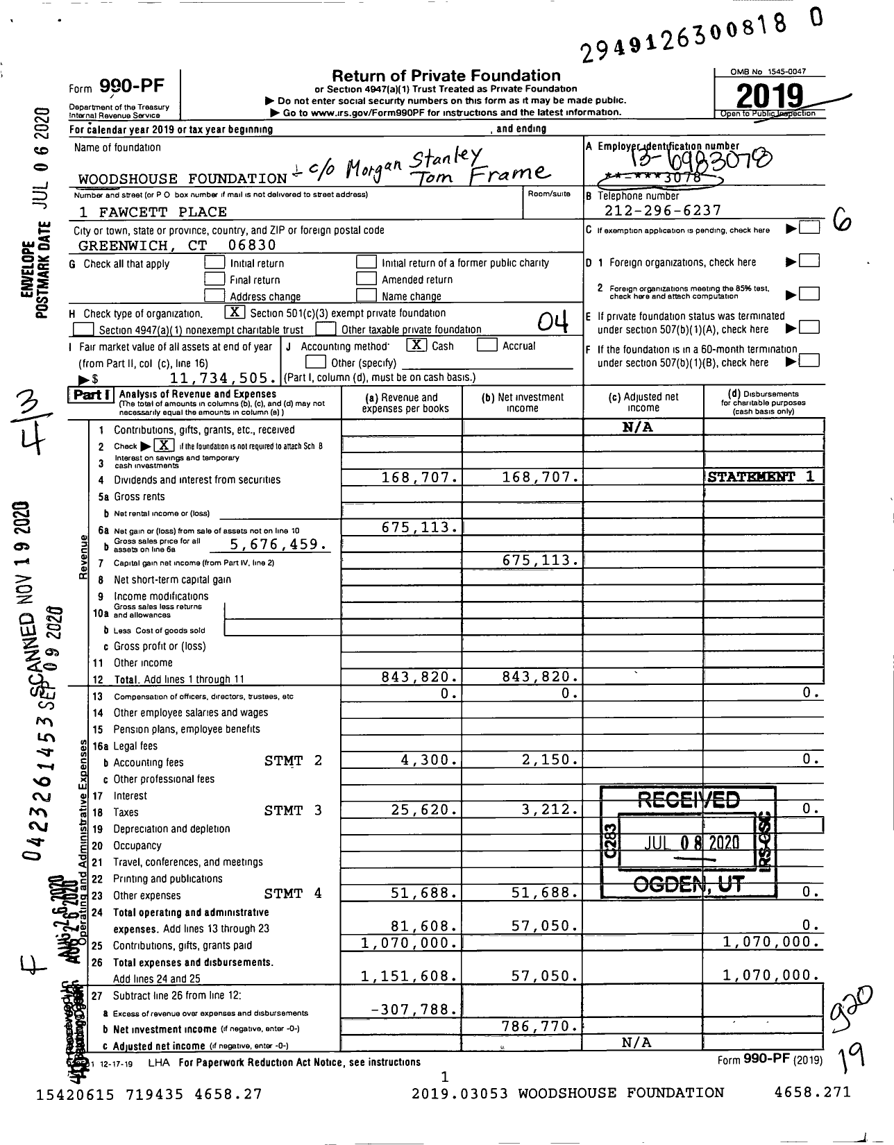 Image of first page of 2019 Form 990PF for Woodshouse Foundation