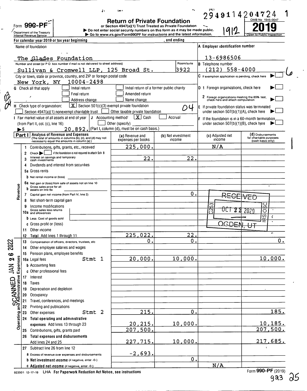 Image of first page of 2019 Form 990PF for The Glades Foundation