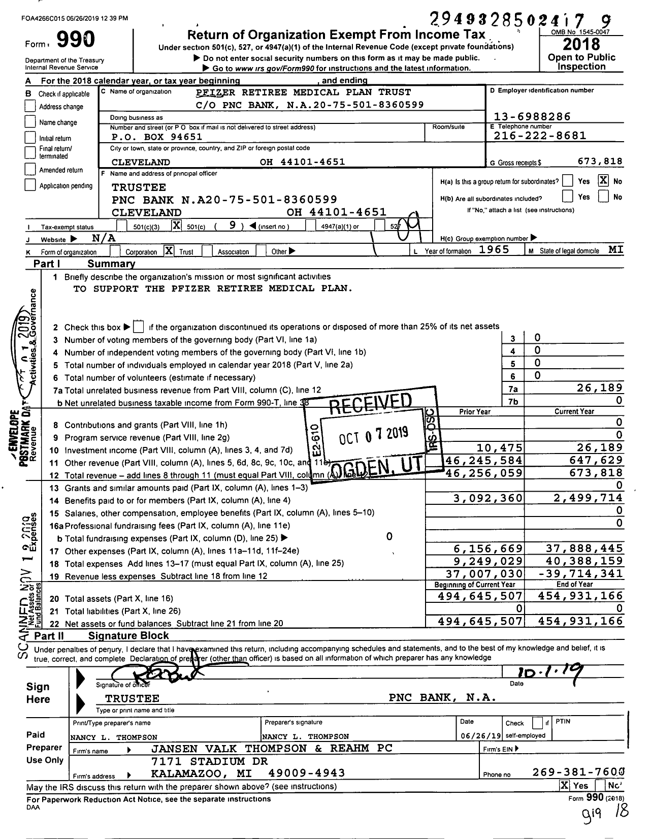 Image of first page of 2018 Form 990O for Pfizer Retiree Medical Plan
