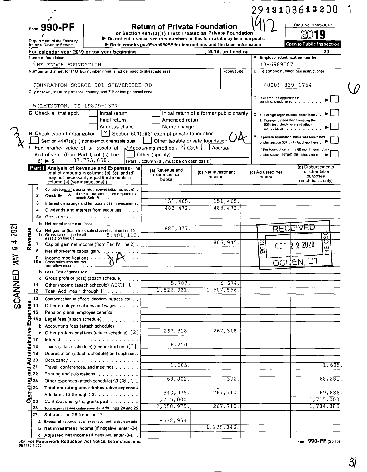 Image of first page of 2019 Form 990PF for Enoch Foundation Charitable Trust