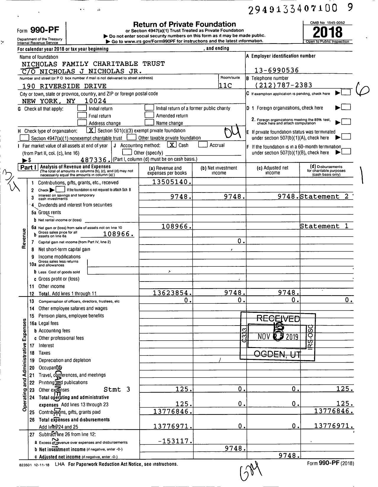 Image of first page of 2018 Form 990PF for Nicholas Family Charitable Trust