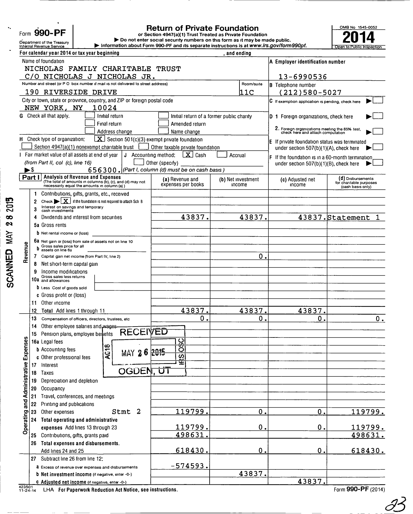 Image of first page of 2014 Form 990PF for Nicholas Family Charitable Trust