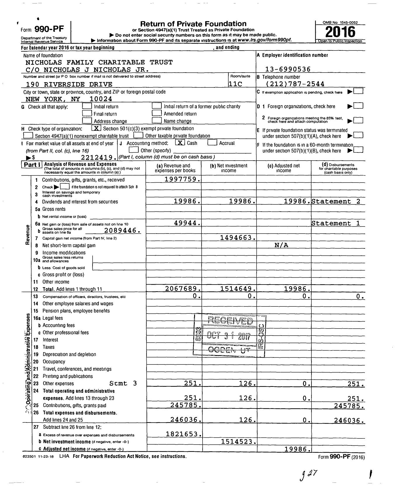 Image of first page of 2016 Form 990PF for Nicholas Family Charitable Trust