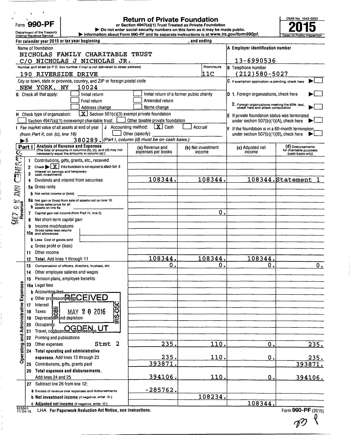Image of first page of 2015 Form 990PF for Nicholas Family Charitable Trust