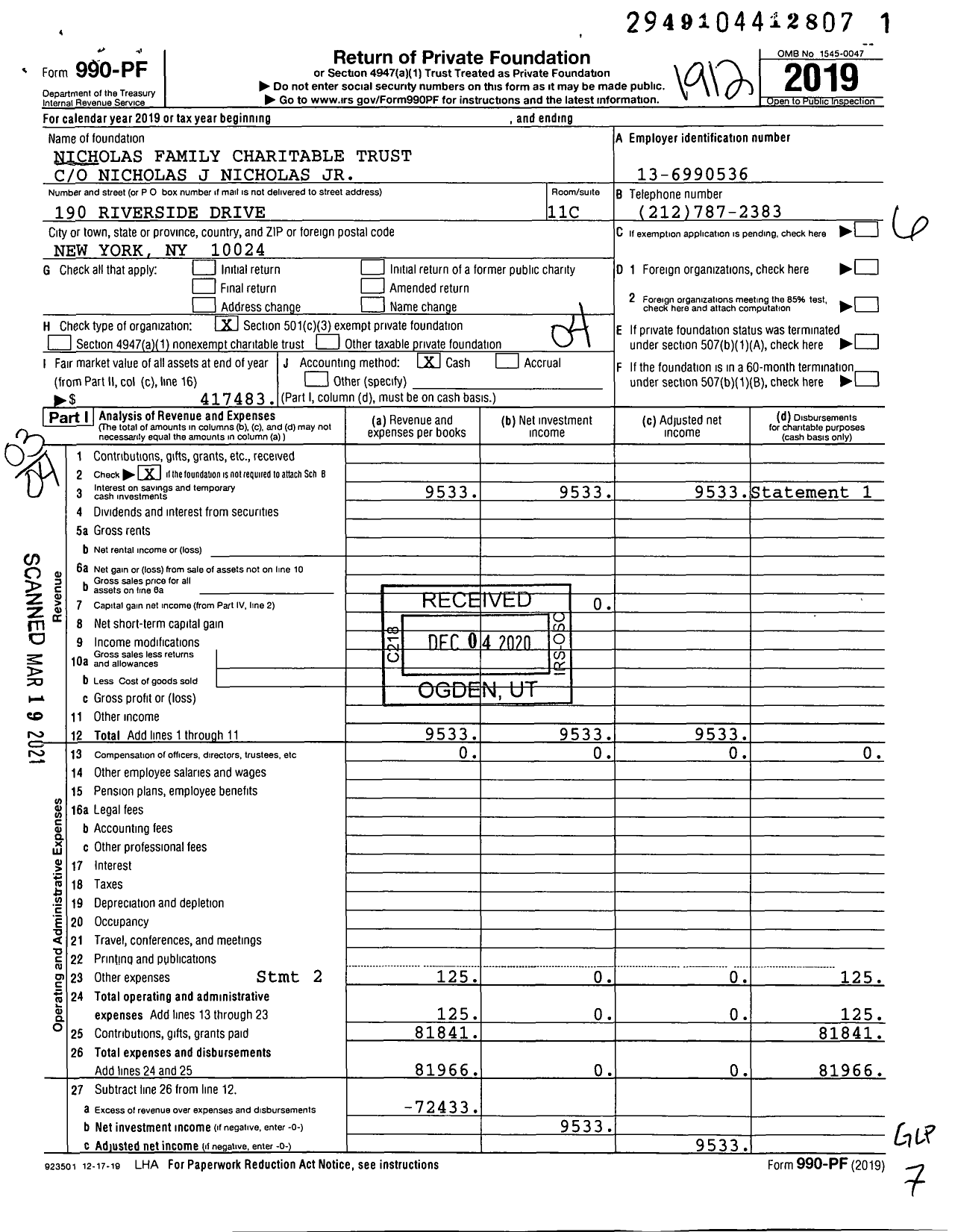 Image of first page of 2019 Form 990PF for Nicholas Family Charitable Trust