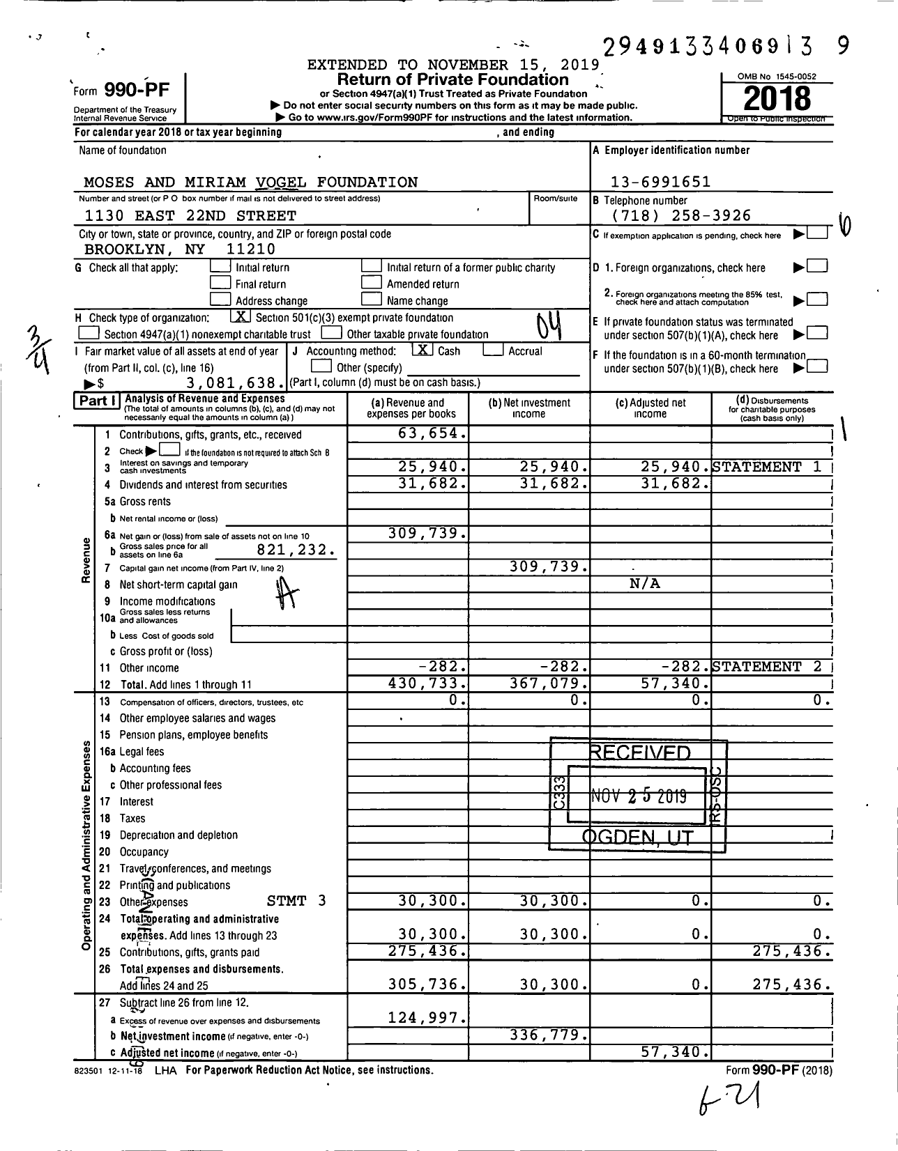 Image of first page of 2018 Form 990PF for Moses and Miriam Vogel Foundation