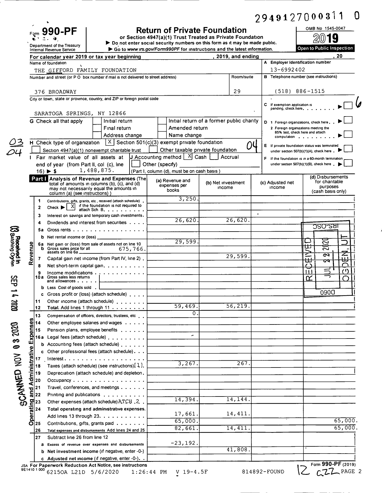 Image of first page of 2019 Form 990PF for The Gifford Family Foundation