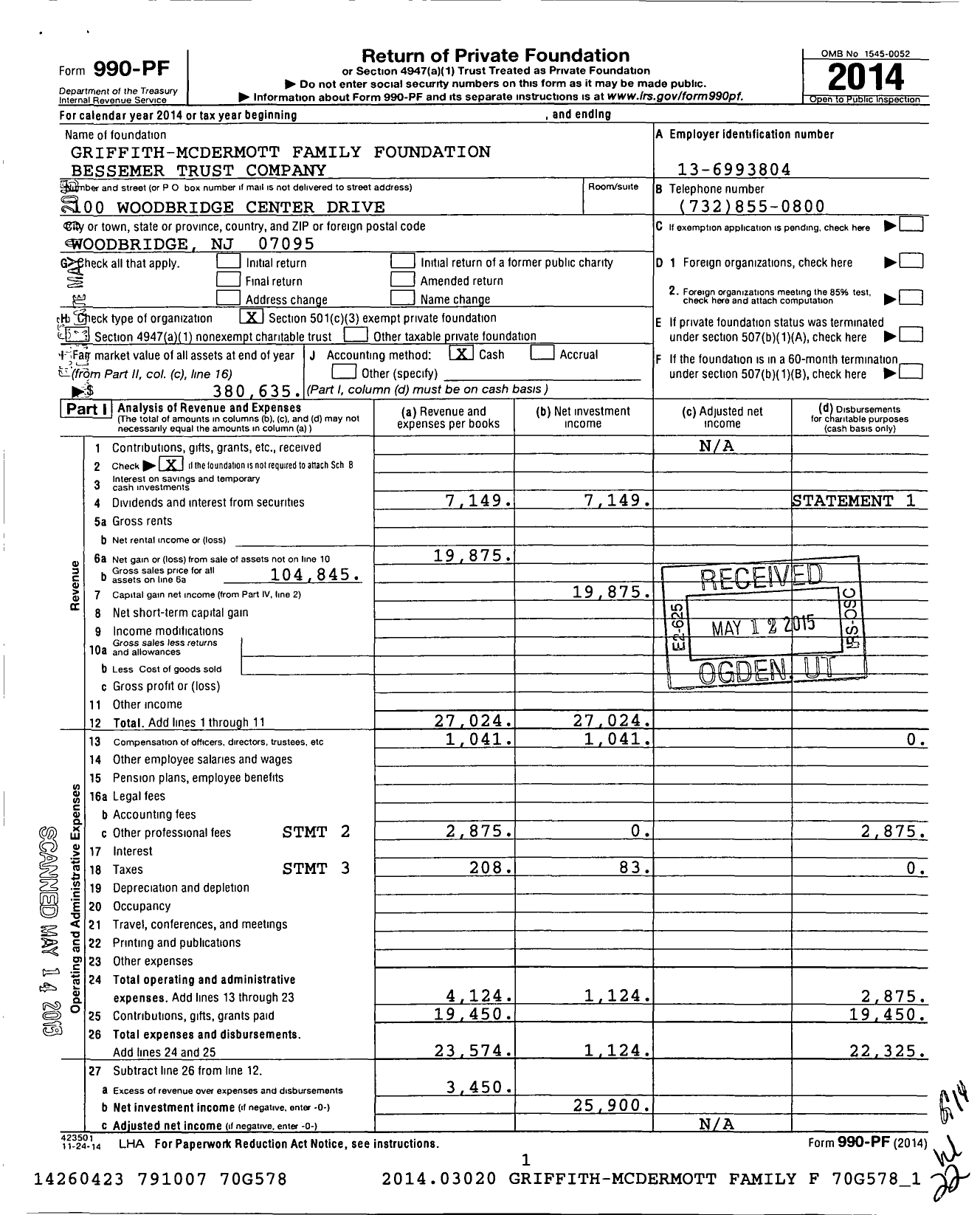 Image of first page of 2014 Form 990PF for Griffith-Mcdermott Family Foundation