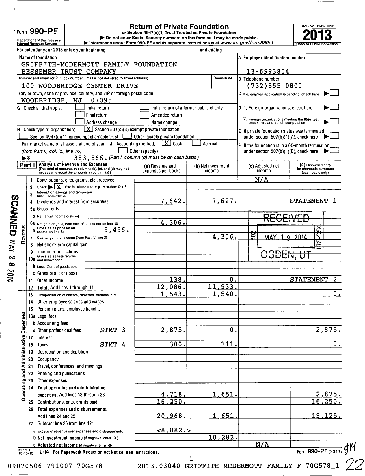 Image of first page of 2013 Form 990PF for Griffith-Mcdermott Family Foundation