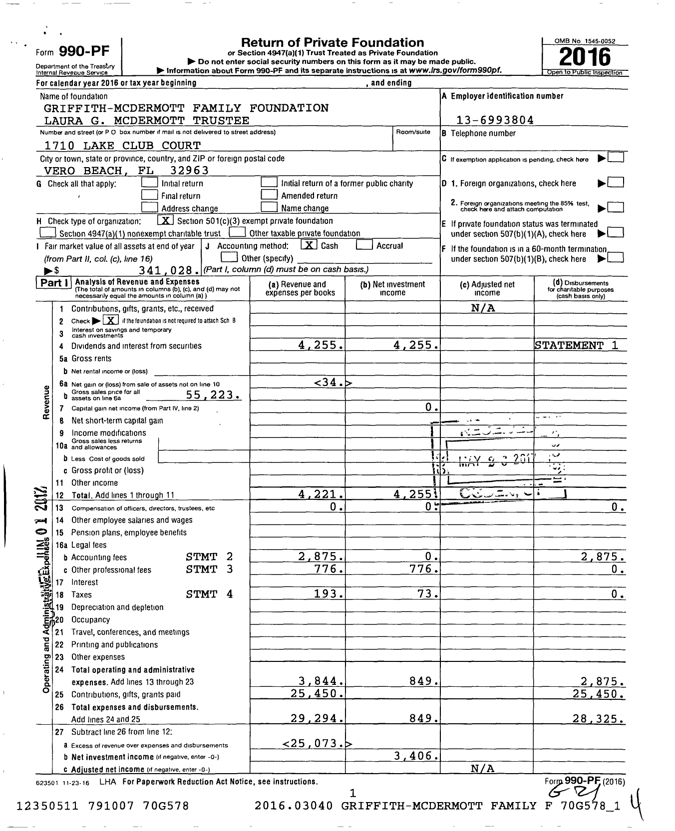 Image of first page of 2016 Form 990PF for Griffith-Mcdermott Family Foundation