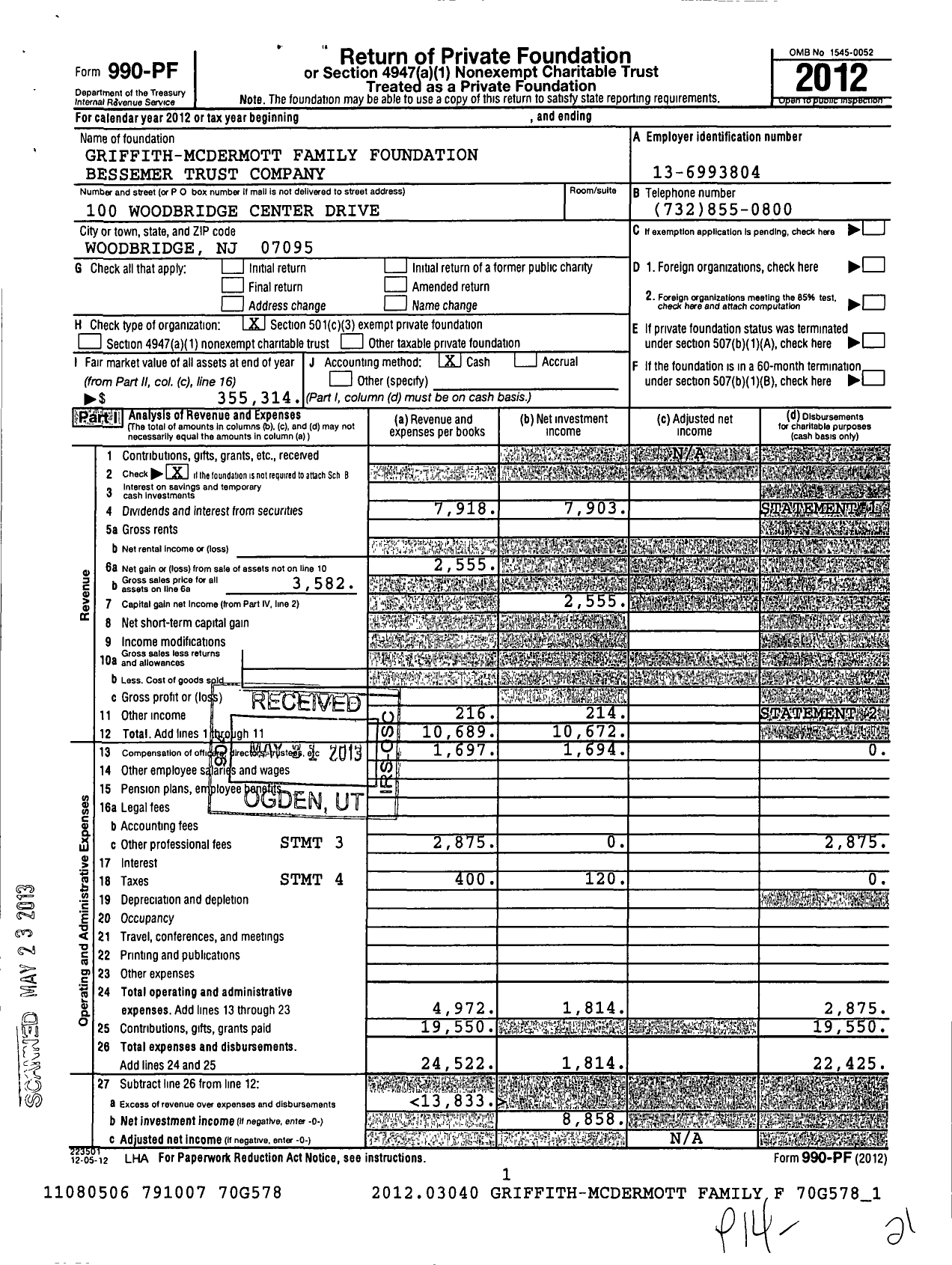 Image of first page of 2012 Form 990PF for Griffith-Mcdermott Family Foundation