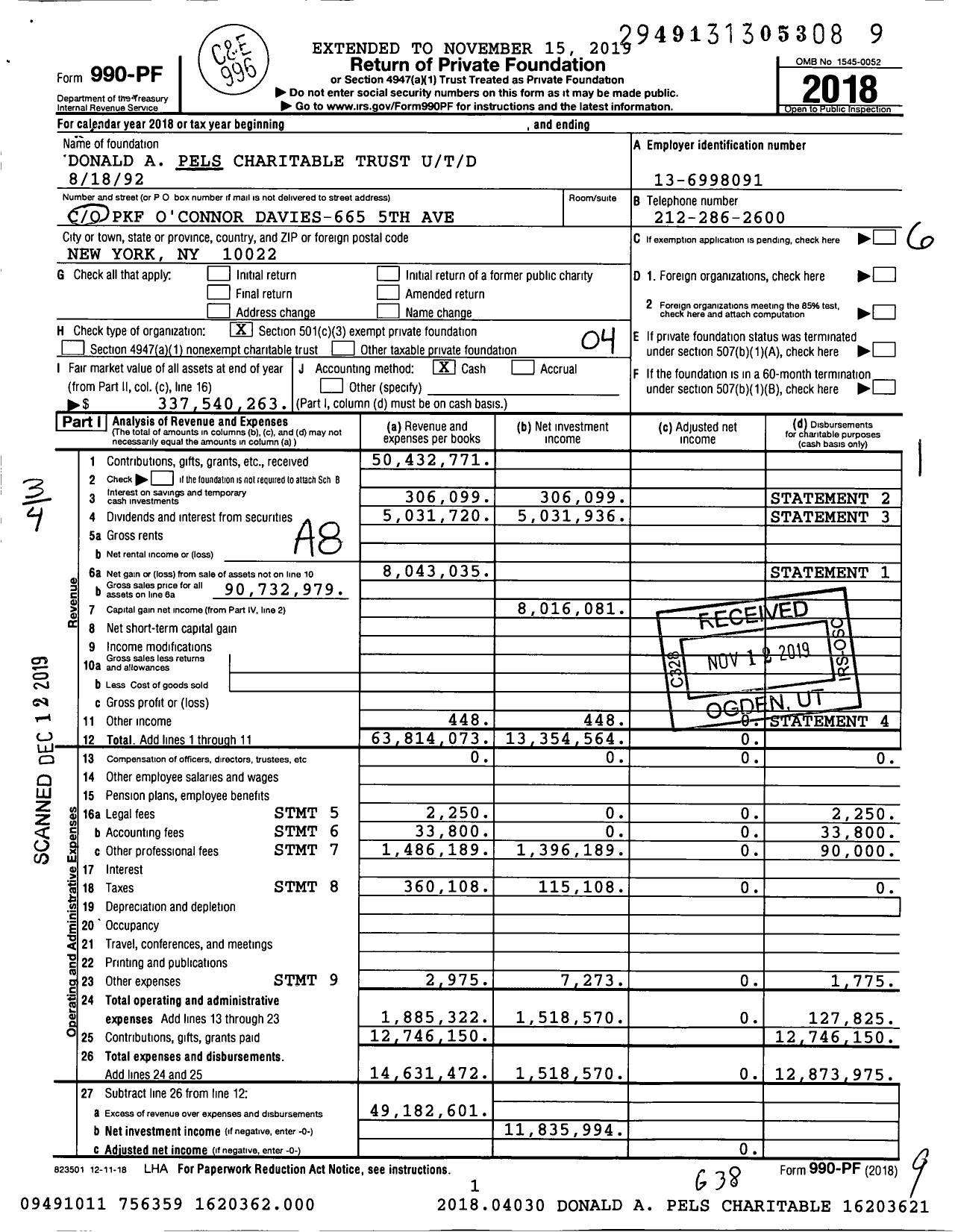 Image of first page of 2018 Form 990PF for Donald A. Pels Charitable Trust