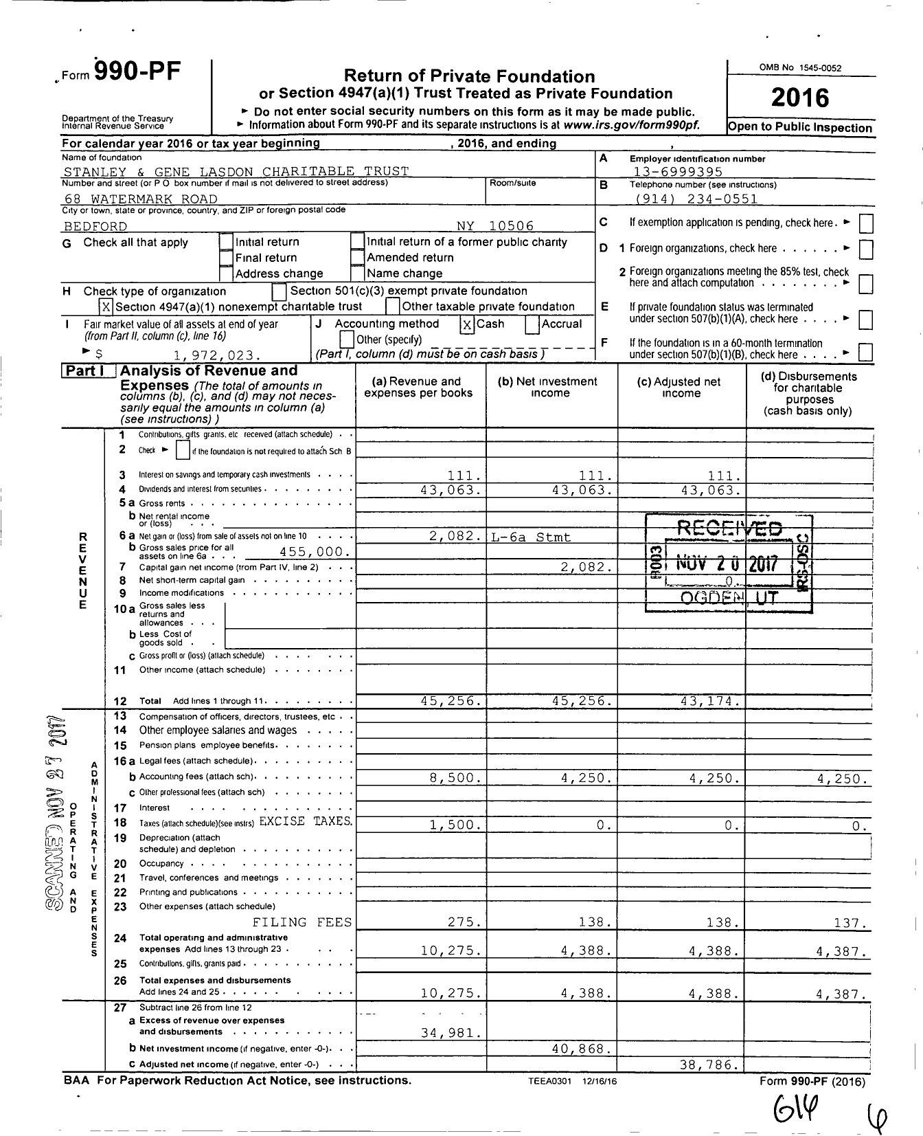 Image of first page of 2016 Form 990PF for Stanley and Gene Lasdon Charitable Trust