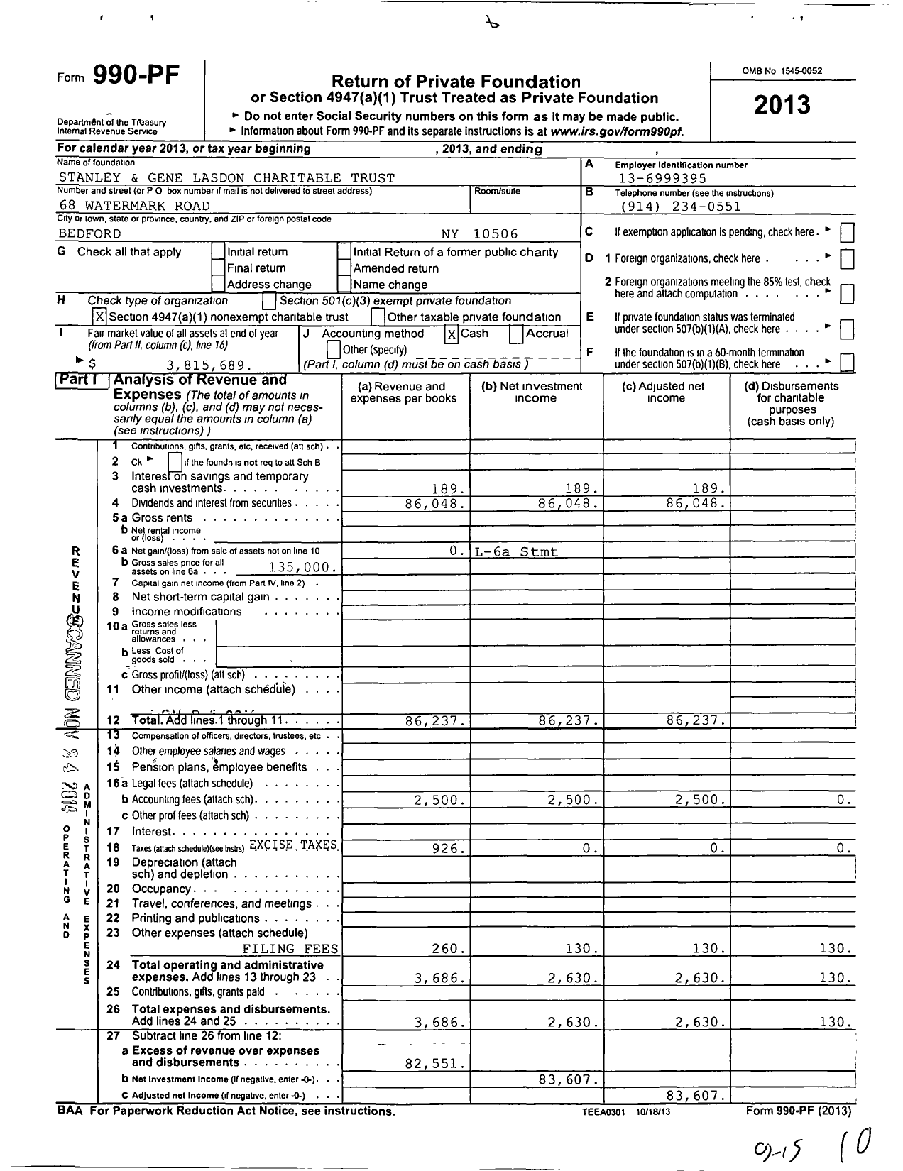 Image of first page of 2013 Form 990PF for Stanley and Gene Lasdon Charitable Trust