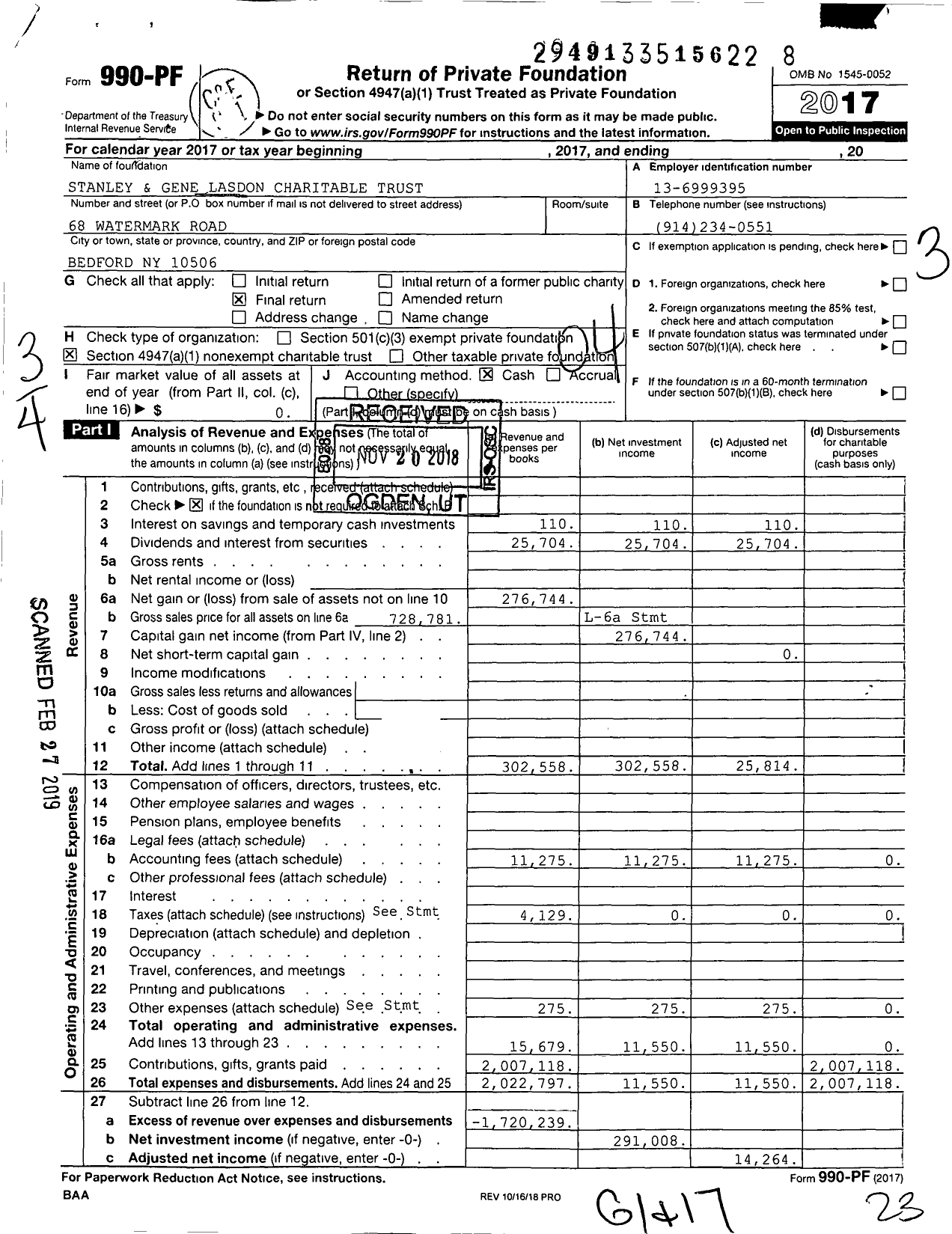 Image of first page of 2017 Form 990PF for Stanley and Gene Lasdon Charitable Trust