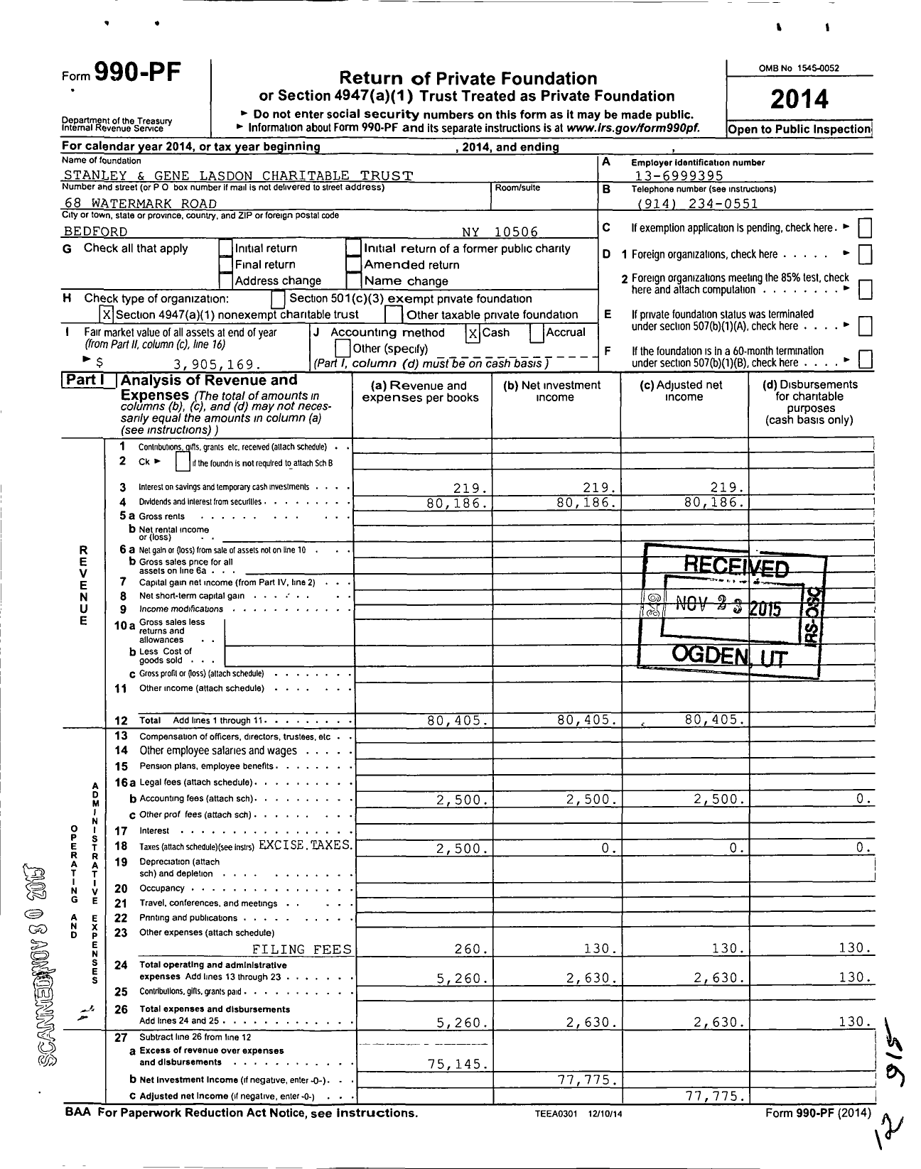 Image of first page of 2014 Form 990PF for Stanley and Gene Lasdon Charitable Trust