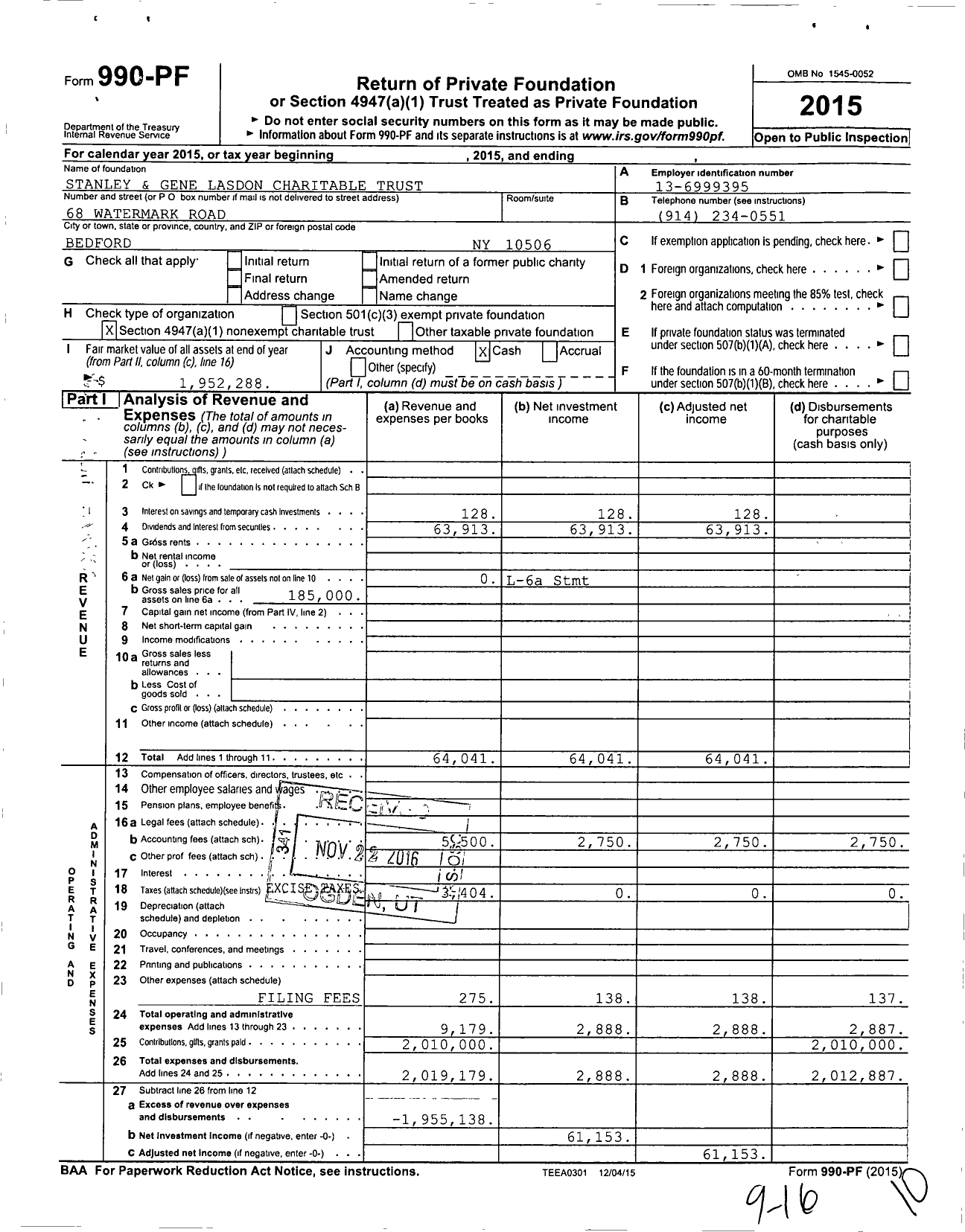 Image of first page of 2015 Form 990PF for Stanley and Gene Lasdon Charitable Trust